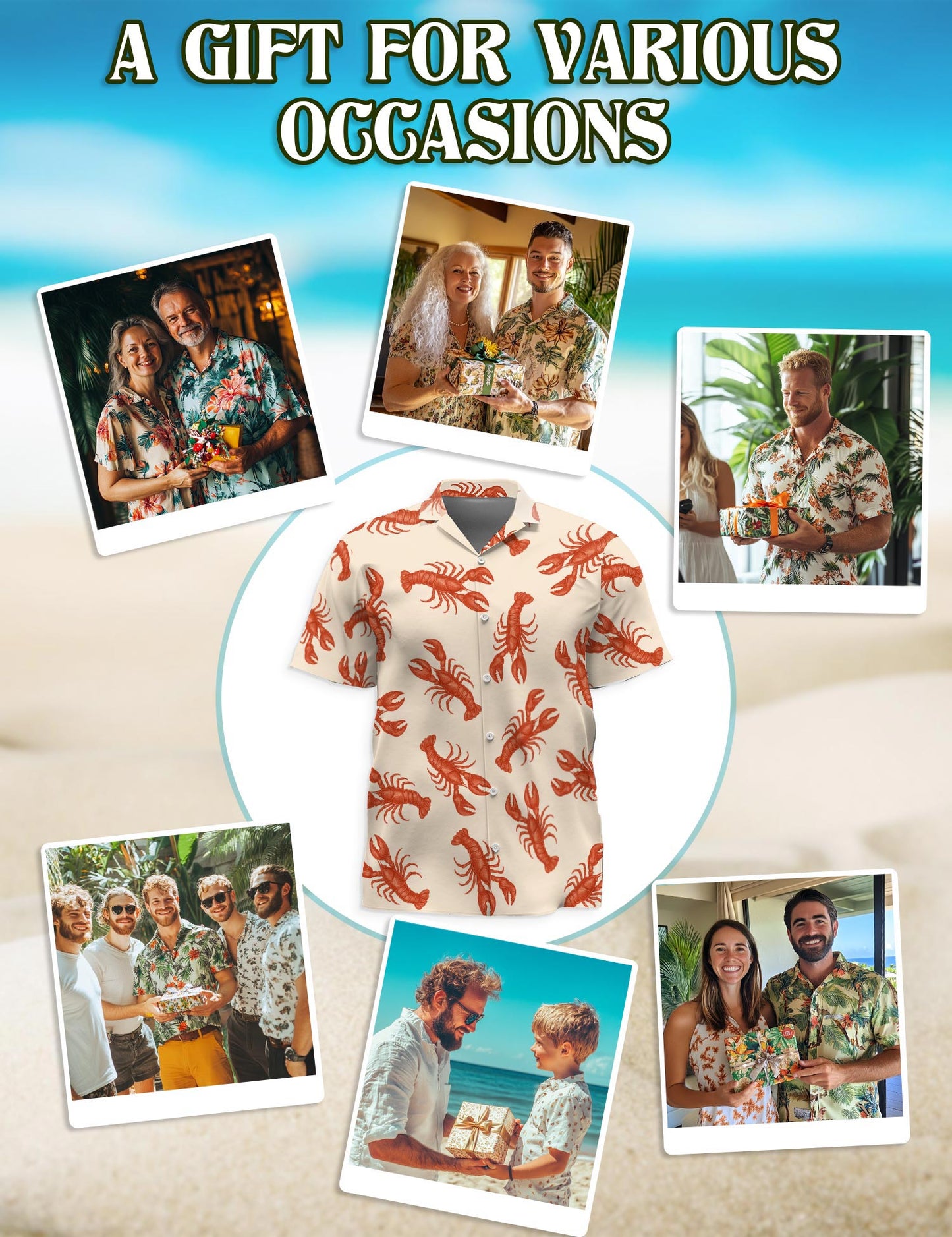 Netecom Lobster Pattern Hawaiian Shirt for Men, Retro Style, Button Down Summer Beach Short Sleeve, S-5XL