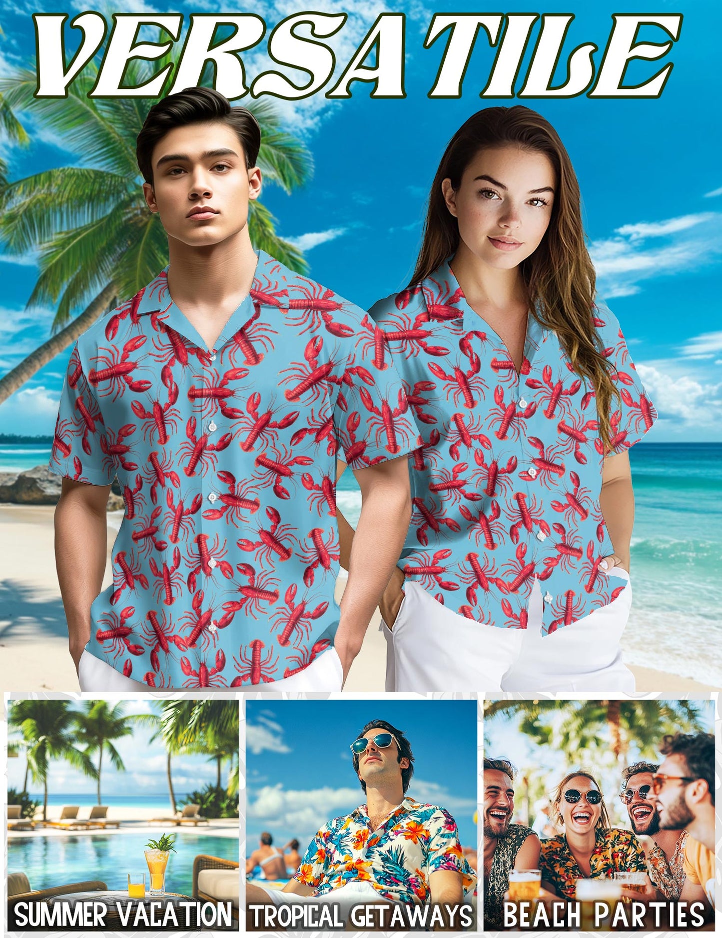 Netecom Lobster Red Pattern Hawaiian Shirt for Men, Button Down Summer Beach Short Sleeve, Vintage Style, Sizes S-5XL