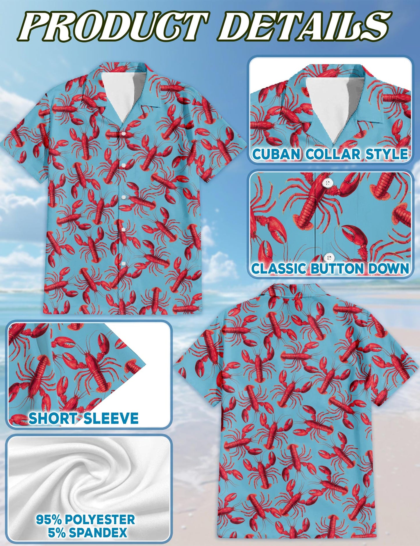 Netecom Lobster Red Pattern Hawaiian Shirt for Men, Button Down Summer Beach Short Sleeve, Vintage Style, Sizes S-5XL