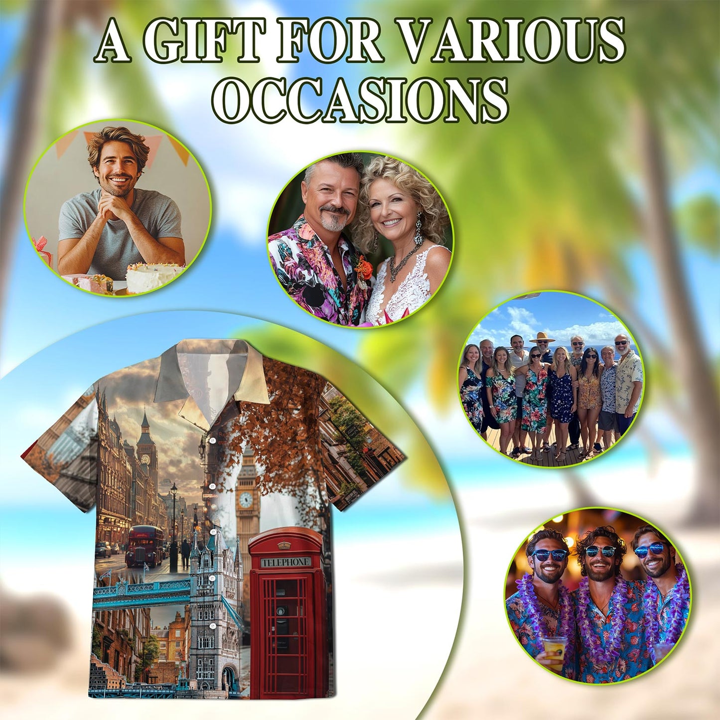 Netecom London Vintage Hawaiian Shirt for Men, Button Down Summer Beach Short Sleeve, Retro Style, S-5XL