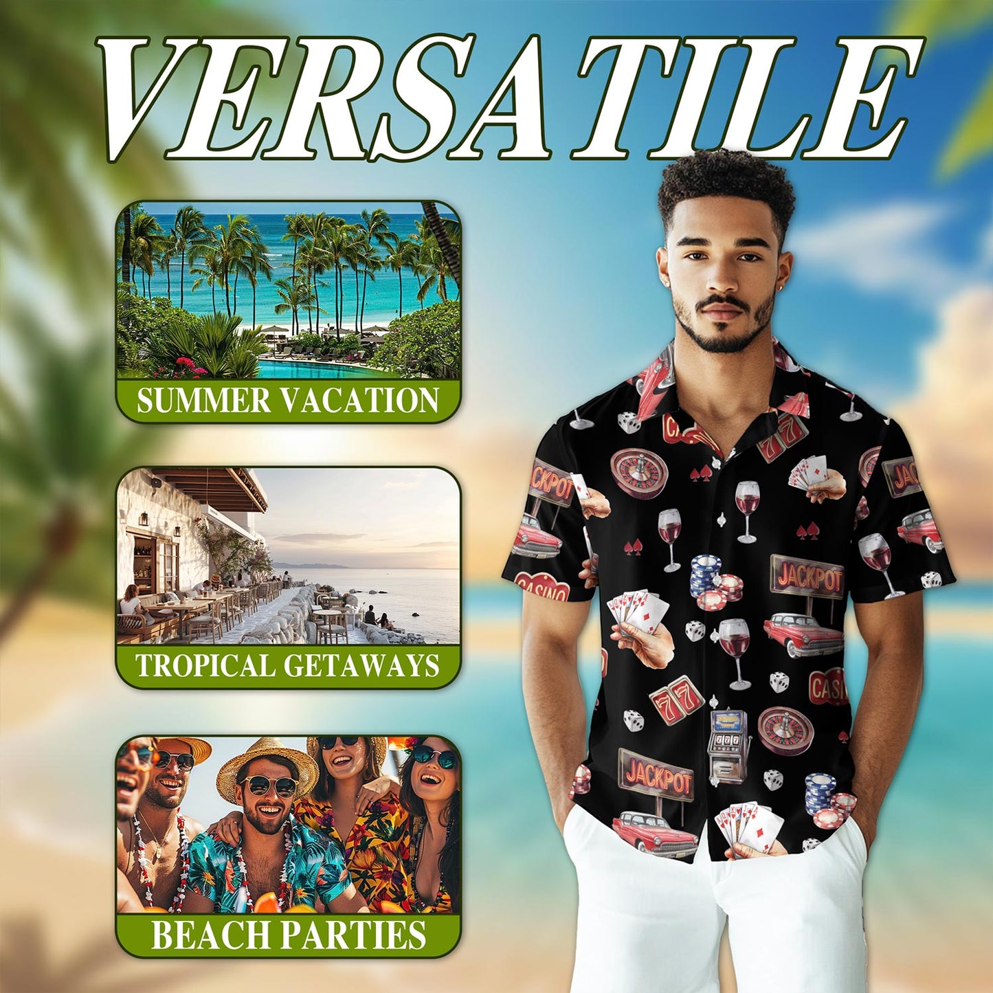 Netecom Lucky Las Vegas Black Hawaiian Shirt for Men, Button Down Summer Beach Short Sleeve, Vintage Style, Sizes S-5XL
