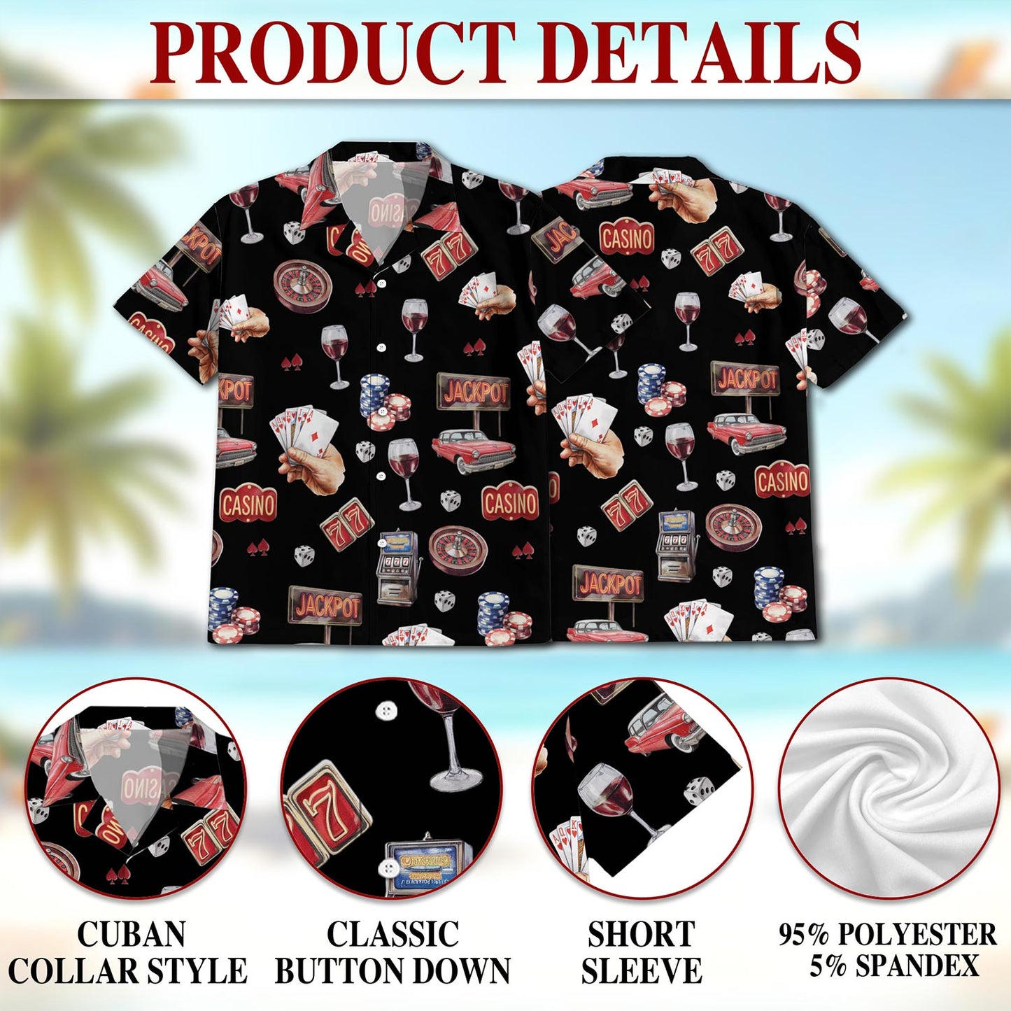 Netecom Lucky Las Vegas Black Hawaiian Shirt for Men, Button Down Summer Beach Short Sleeve, Vintage Style, Sizes S-5XL