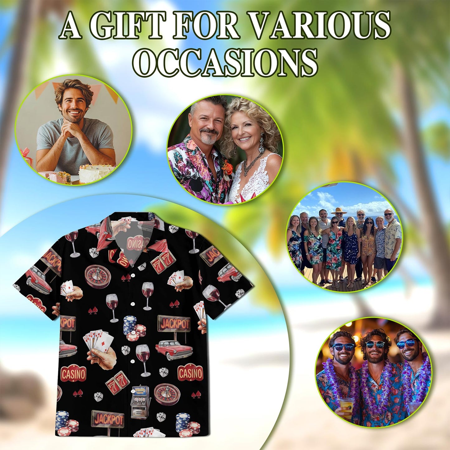 Netecom Lucky Las Vegas Black Hawaiian Shirt for Men, Button Down Summer Beach Short Sleeve, Vintage Style, Sizes S-5XL