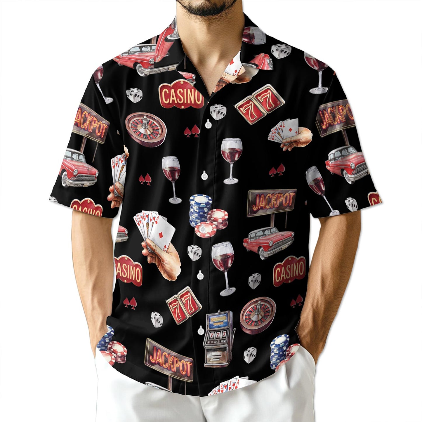 Netecom Lucky Las Vegas Black Hawaiian Shirt for Men, Button Down Summer Beach Short Sleeve, Vintage Style, Sizes S-5XL