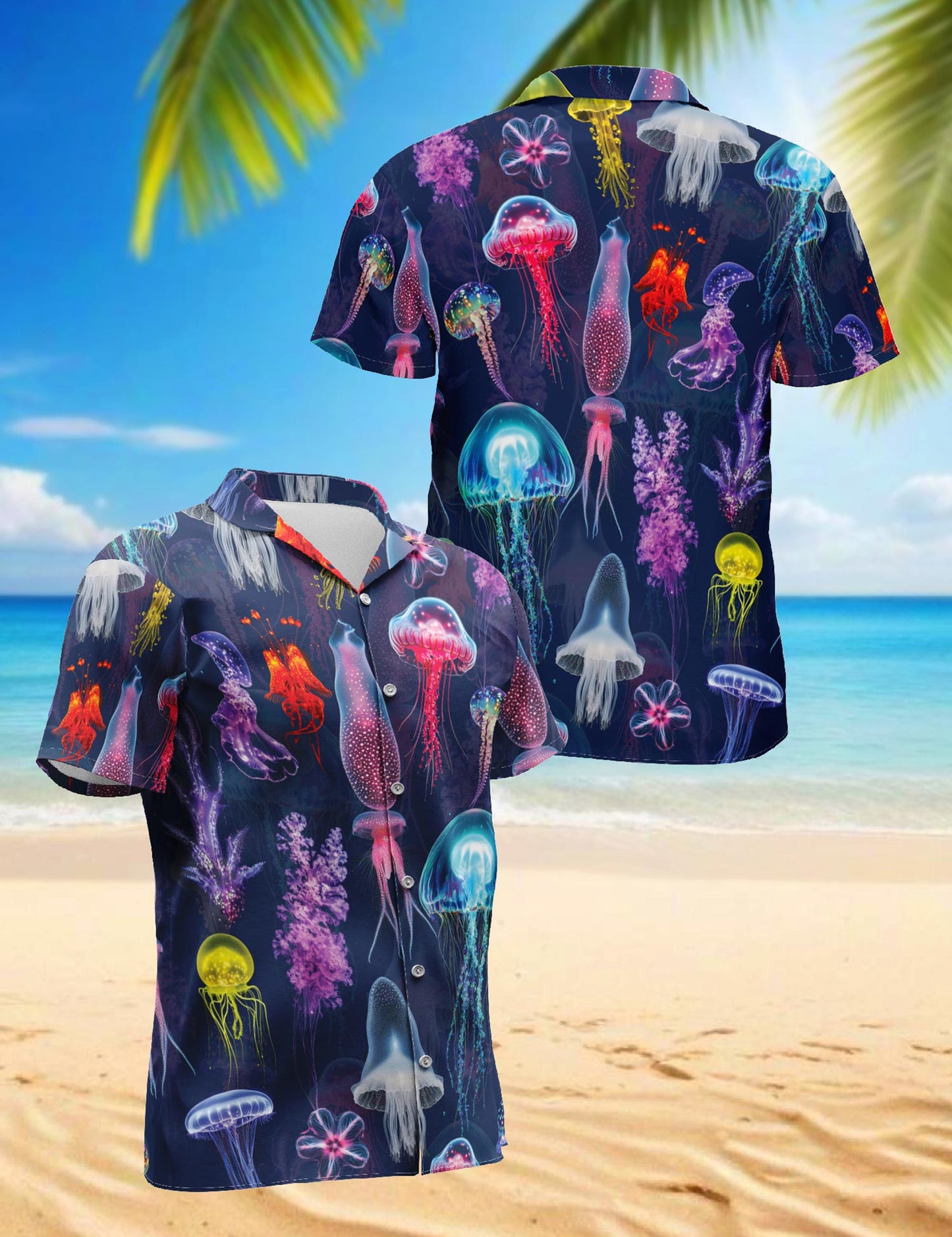 Netecom Luminescent Jellyfish Hawaiian Shirt for Men, Ocean Glow Style, Button Down Summer Beach Short Sleeve, S-5XL