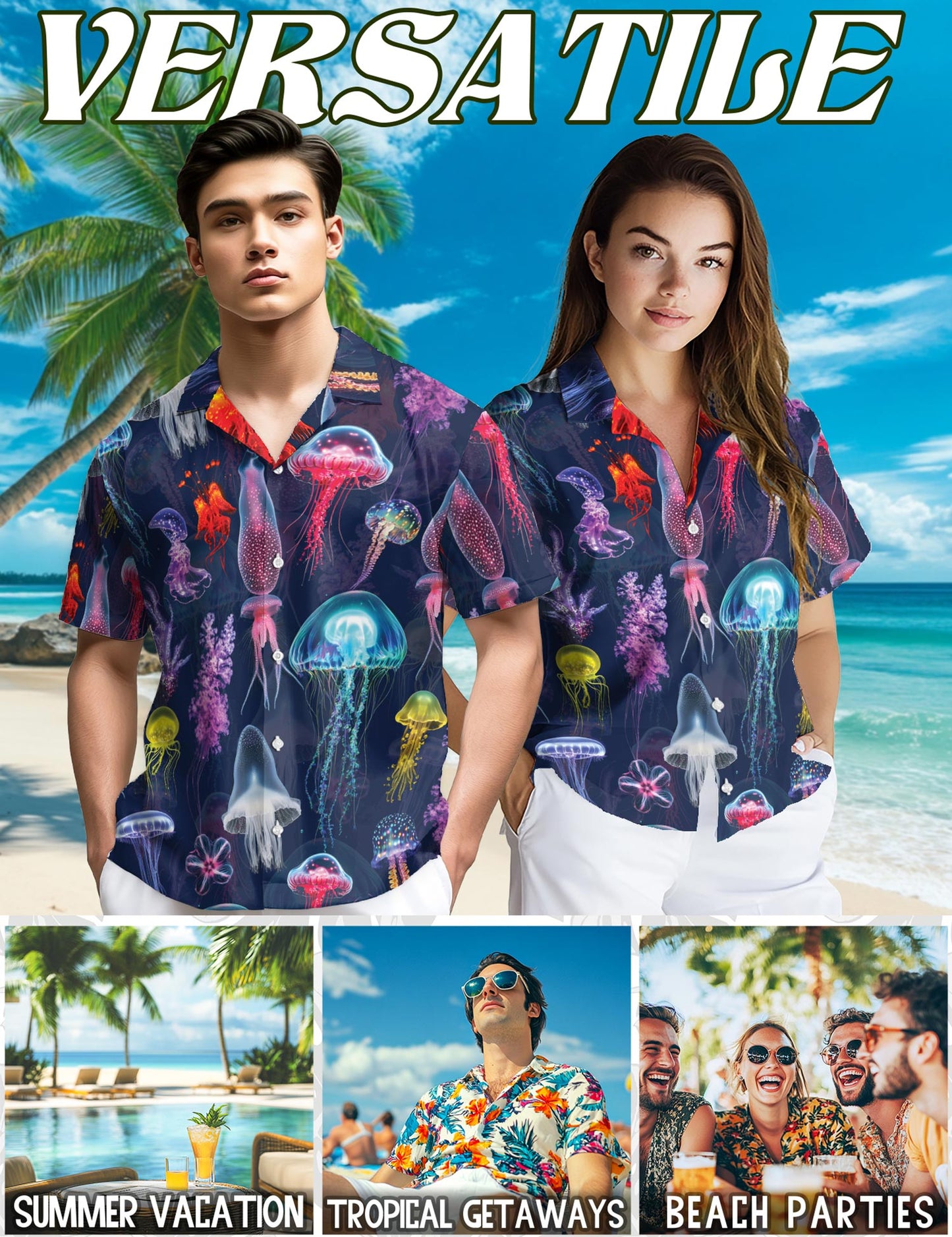 Netecom Luminescent Jellyfish Hawaiian Shirt for Men, Ocean Glow Style, Button Down Summer Beach Short Sleeve, S-5XL