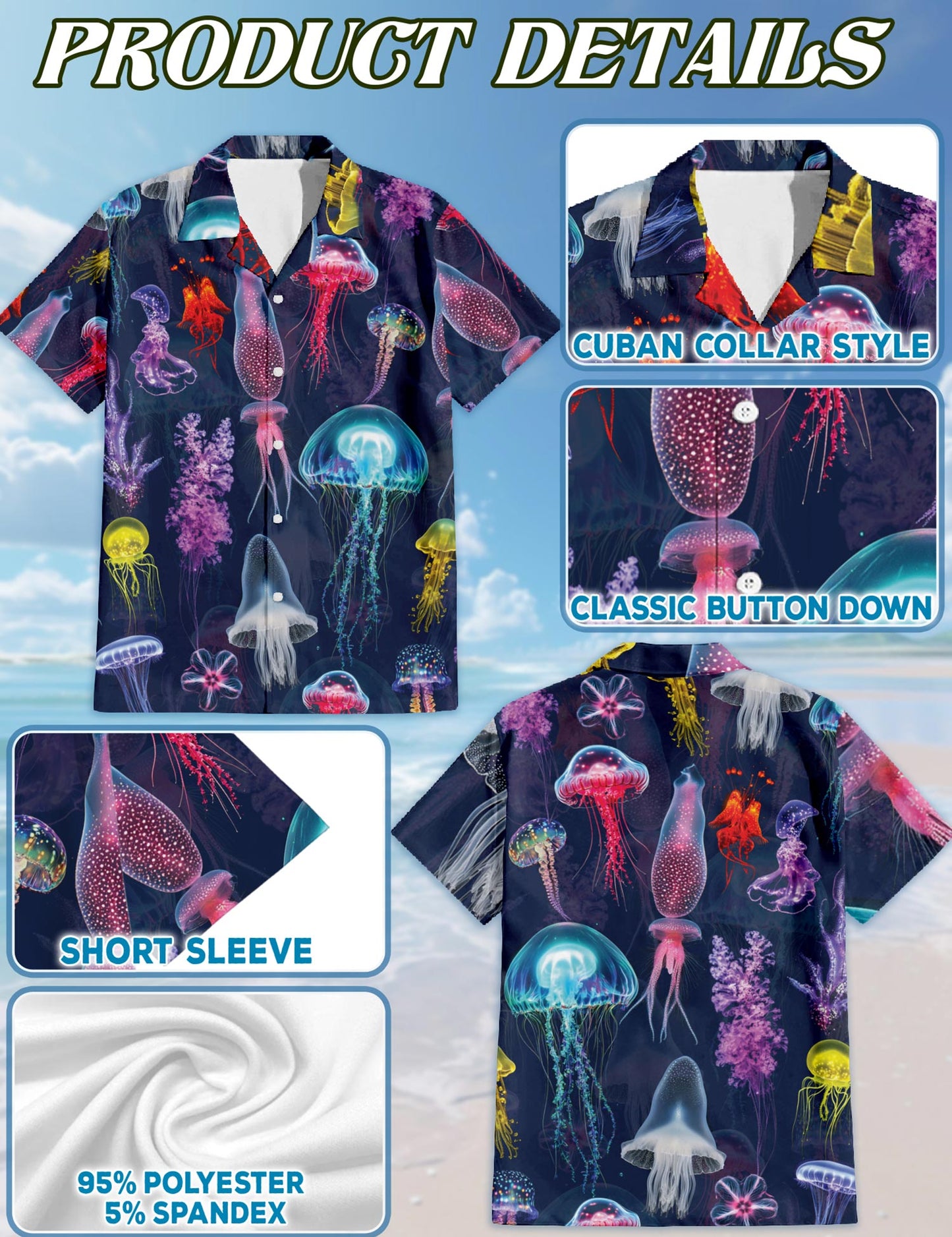Netecom Luminescent Jellyfish Hawaiian Shirt for Men, Ocean Glow Style, Button Down Summer Beach Short Sleeve, S-5XL