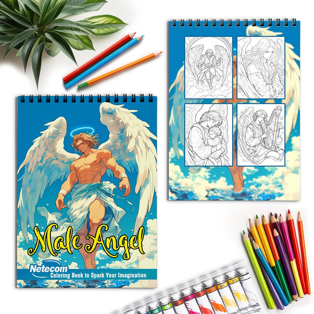 Netecom Male Angels Spiral Coloring Book for Adults