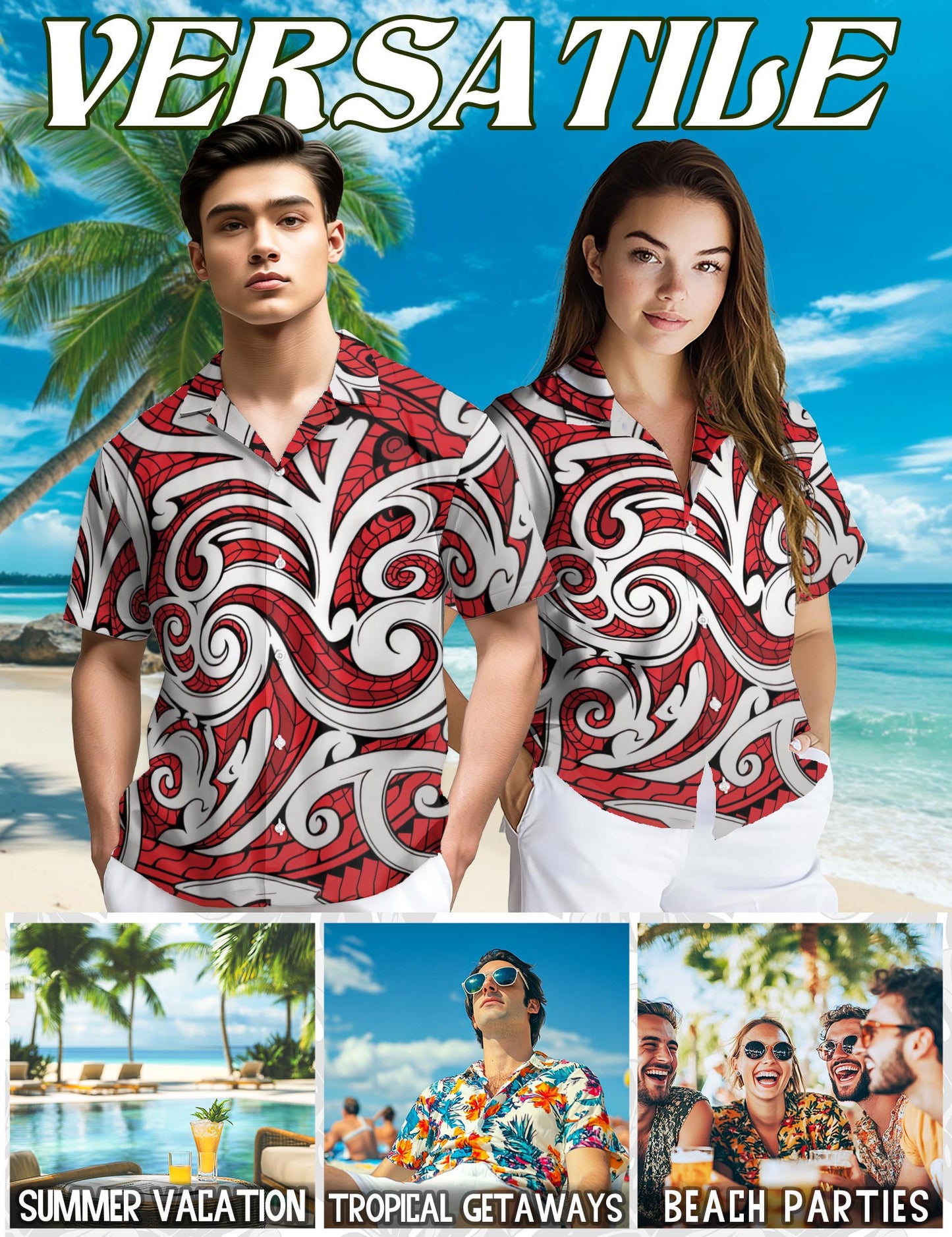 Netecom Maori Kowhaiwhai Polynesian Hawaiian Shirt for Men, Polynesian Style, Button Down Summer Beach Short Sleeve, S-5XL