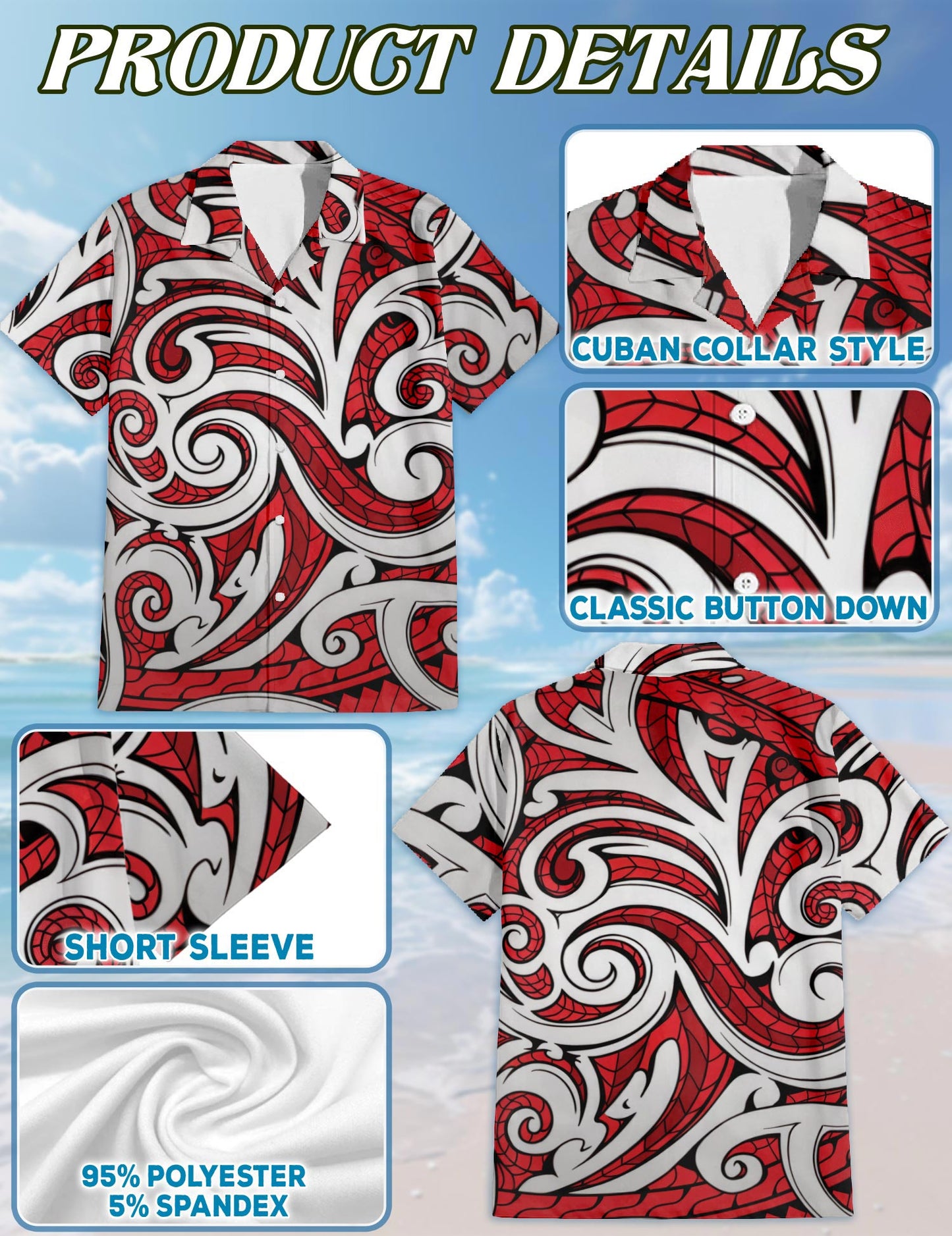 Netecom Maori Kowhaiwhai Polynesian Hawaiian Shirt for Men, Polynesian Style, Button Down Summer Beach Short Sleeve, S-5XL