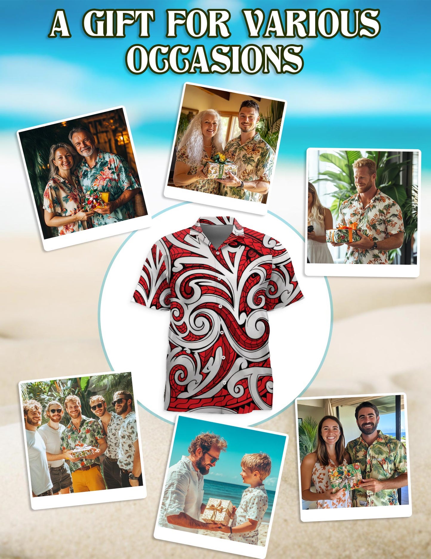 Netecom Maori Kowhaiwhai Polynesian Hawaiian Shirt for Men, Polynesian Style, Button Down Summer Beach Short Sleeve, S-5XL