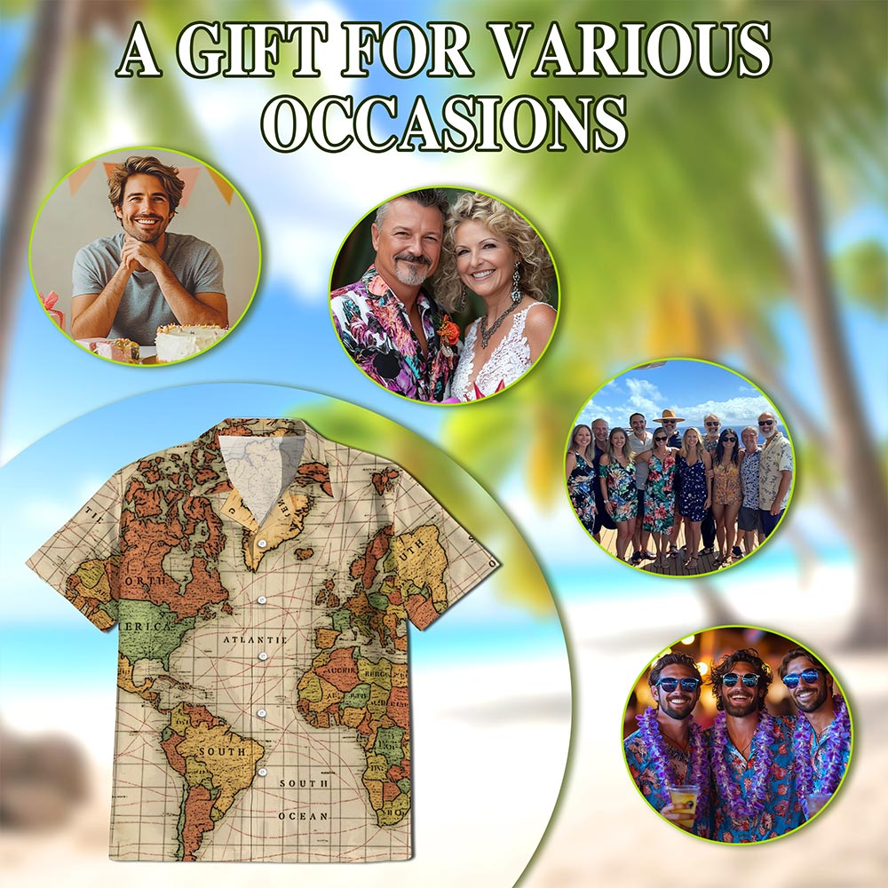 Netecom Map Of The World Hawaiian Shirt for Men, Earth Cartography, Button Down Summer Beach Short Sleeve, S-5XL