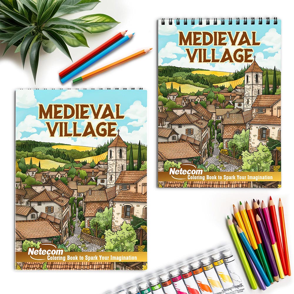 Netecom Medieval Village Coloring Book Spiral Bound for Adults