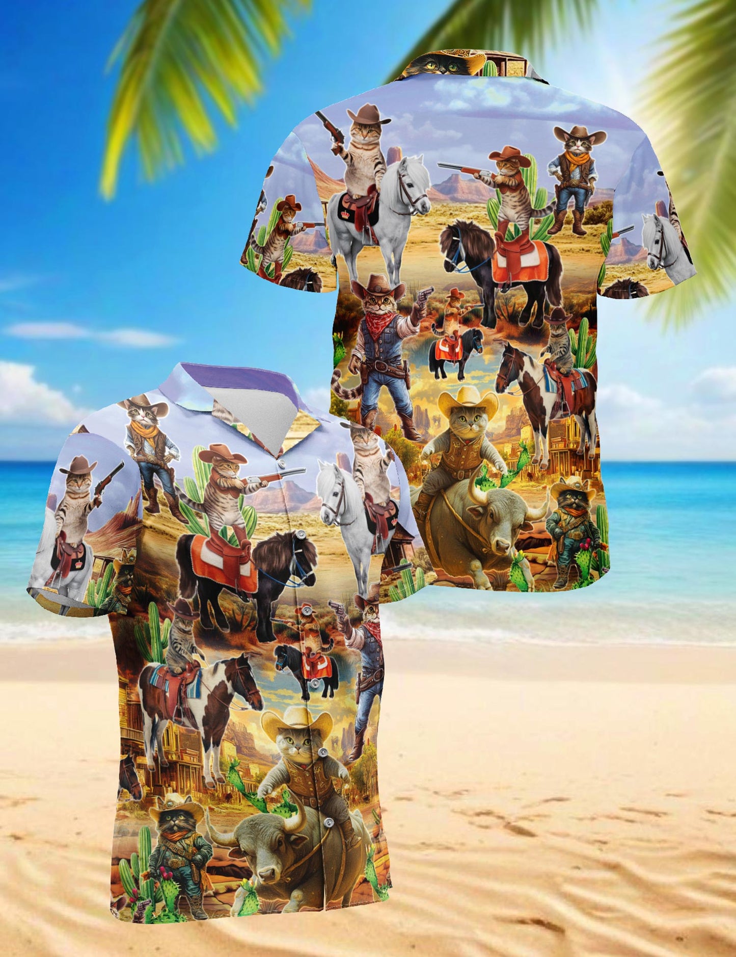 Netecom Meowdy Cowboy Cat Hawaiian Shirt for Men, Western Funny Style, Button Down Summer Beach Short Sleeve, S-5XL