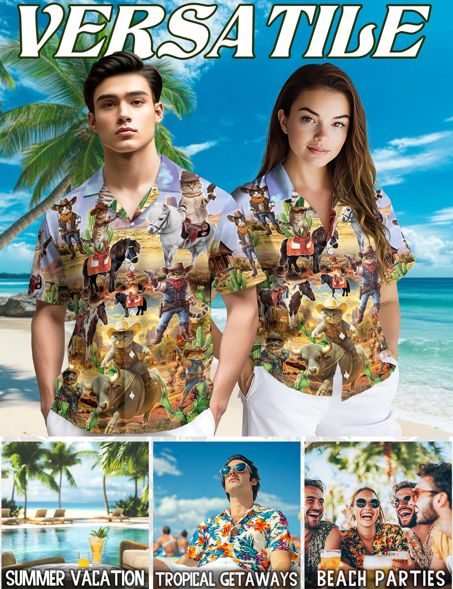 Netecom Meowdy Cowboy Cat Hawaiian Shirt for Men, Western Funny Style, Button Down Summer Beach Short Sleeve, S-5XL