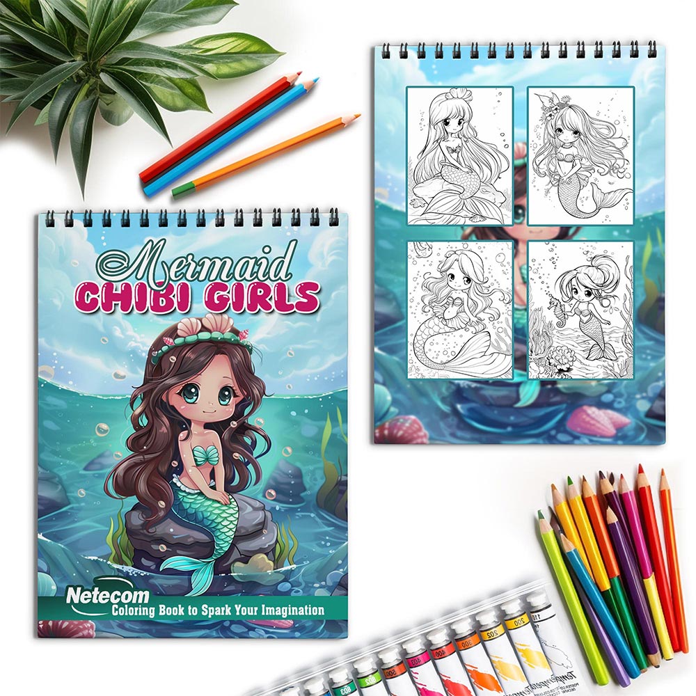 Netecom Mermaid Chibi Girls Spiral Coloring Book for Adults