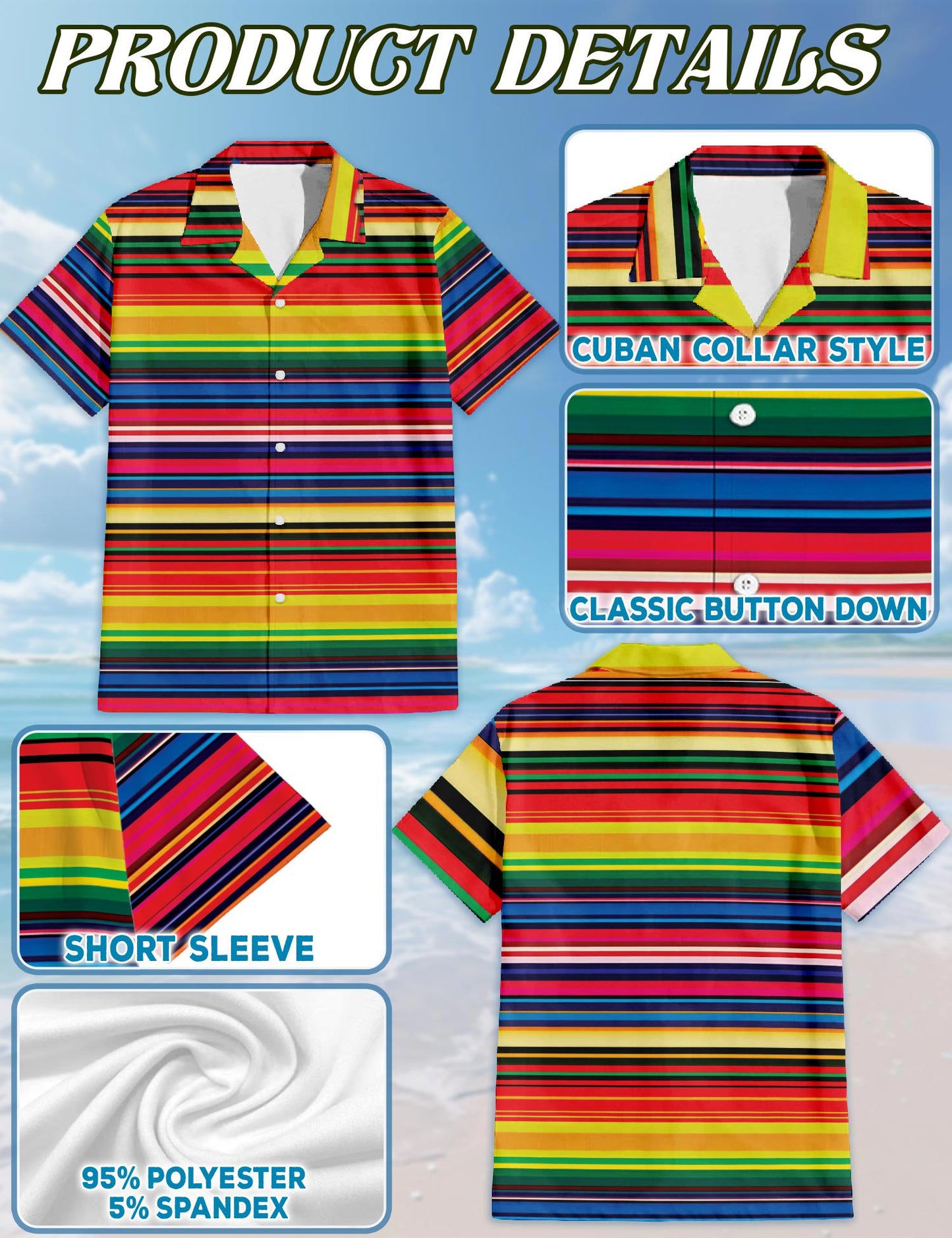 Netecom Mexican Serape Blanket Pattern Hawaiian Shirt for Men, Button Down Summer Beach Short Sleeve, Retro Vintage, Sizes S-5XL
