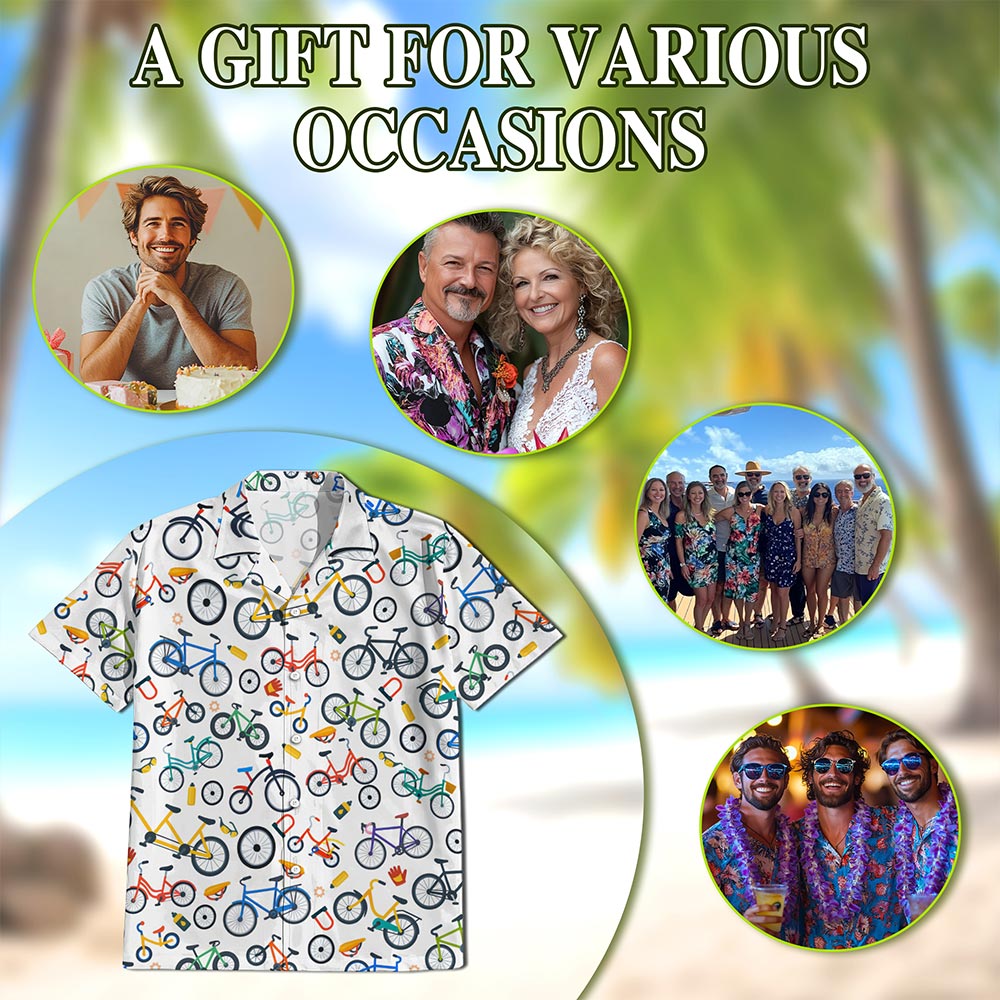 Netecom Mini Bicycle Hawaiian Shirt for Men, Retro Style, Button Down Summer Beach Short Sleeve, S-5XL