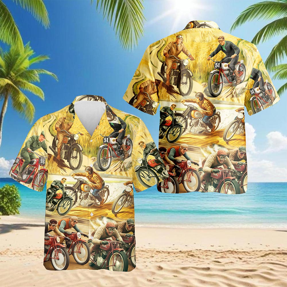 Netecom Motorcycles Hawaiian Shirt for Men, Vintage Style, Button Down Summer Beach Short Sleeve, S-5XL