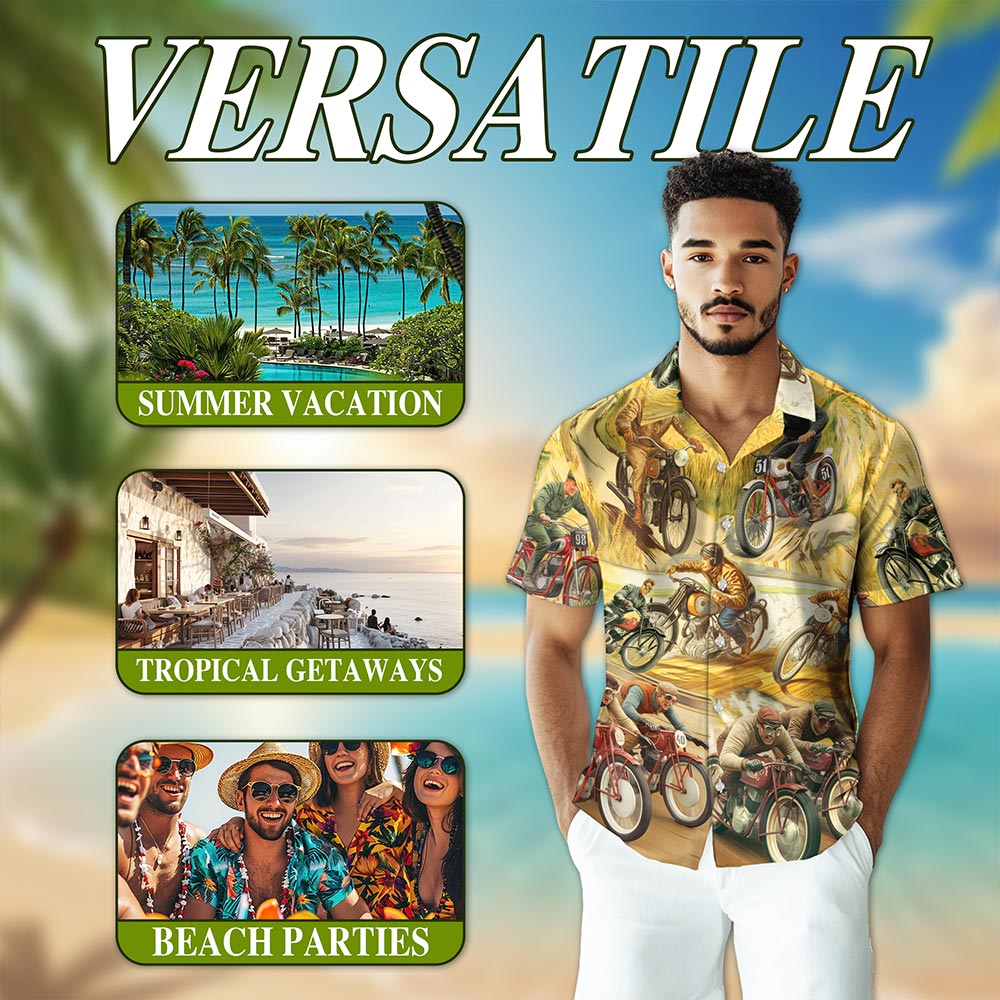 Netecom Motorcycles Hawaiian Shirt for Men, Vintage Style, Button Down Summer Beach Short Sleeve, S-5XL