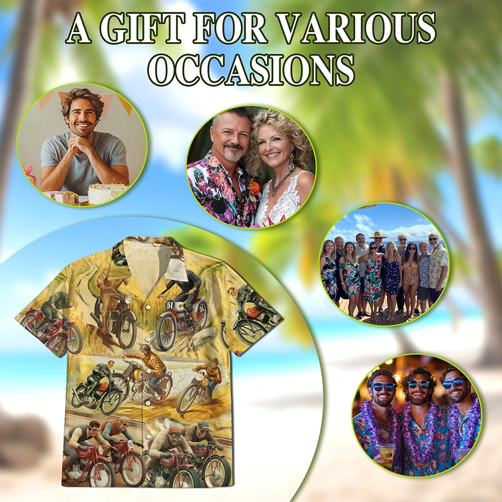 Netecom Motorcycles Hawaiian Shirt for Men, Vintage Style, Button Down Summer Beach Short Sleeve, S-5XL