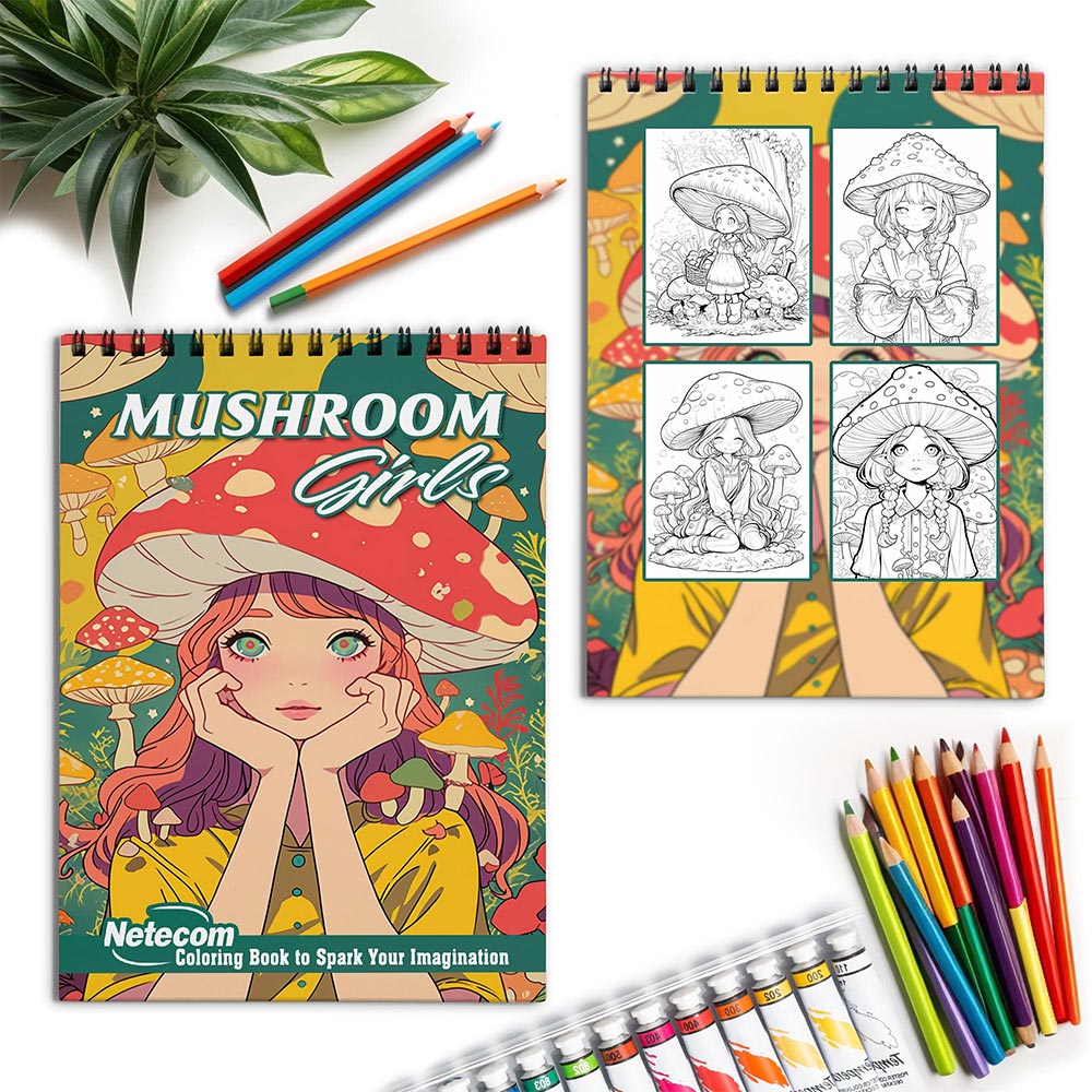 Netecom Mushroom Girls Spiral Coloring Book for Adults