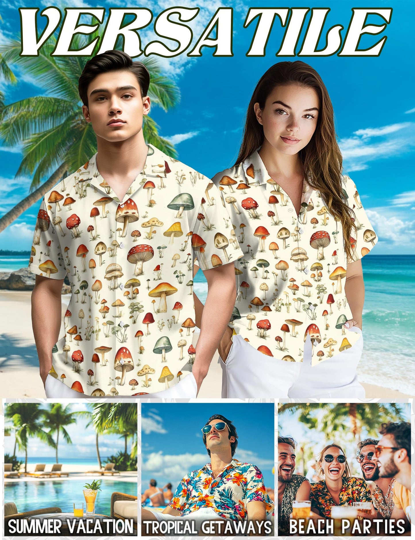 Netecom Mushroom Hawaiian Shirt for Men, Vintage Style, Button Down Summer Beach Short Sleeve, S-5XL