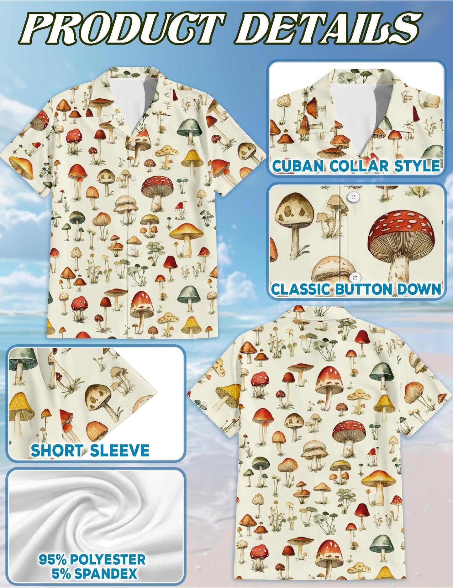 Netecom Mushroom Hawaiian Shirt for Men, Vintage Style, Button Down Summer Beach Short Sleeve, S-5XL