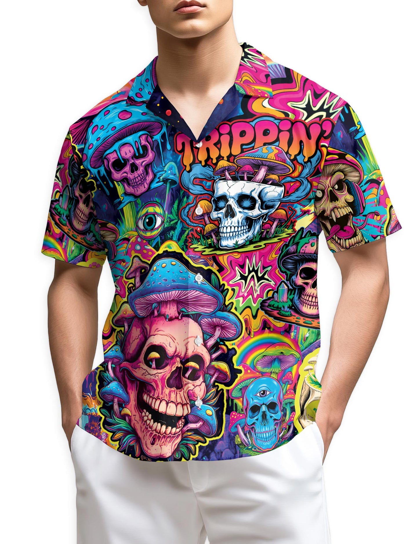 Netecom Mushroom Skull Trippy Hawaiian Shirt for Men, Mushroom Lover Gifts, Fungi Skull Button Down Summer Beach Shirts, S-5XL