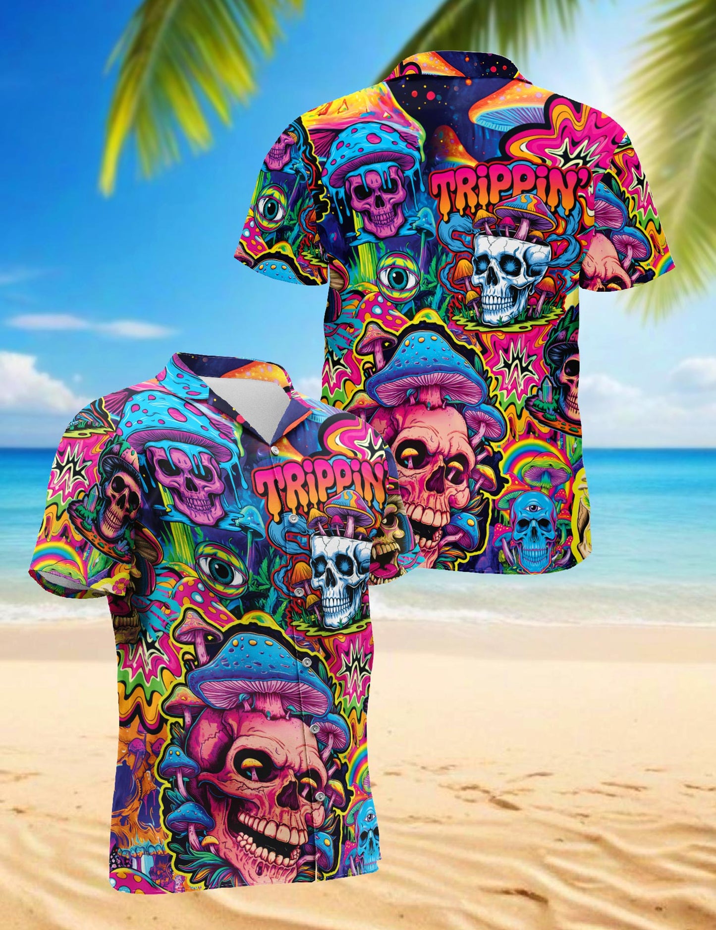 Netecom Mushroom Skull Trippy Hawaiian Shirt for Men, Mushroom Lover Gifts, Fungi Skull Button Down Summer Beach Shirts, S-5XL