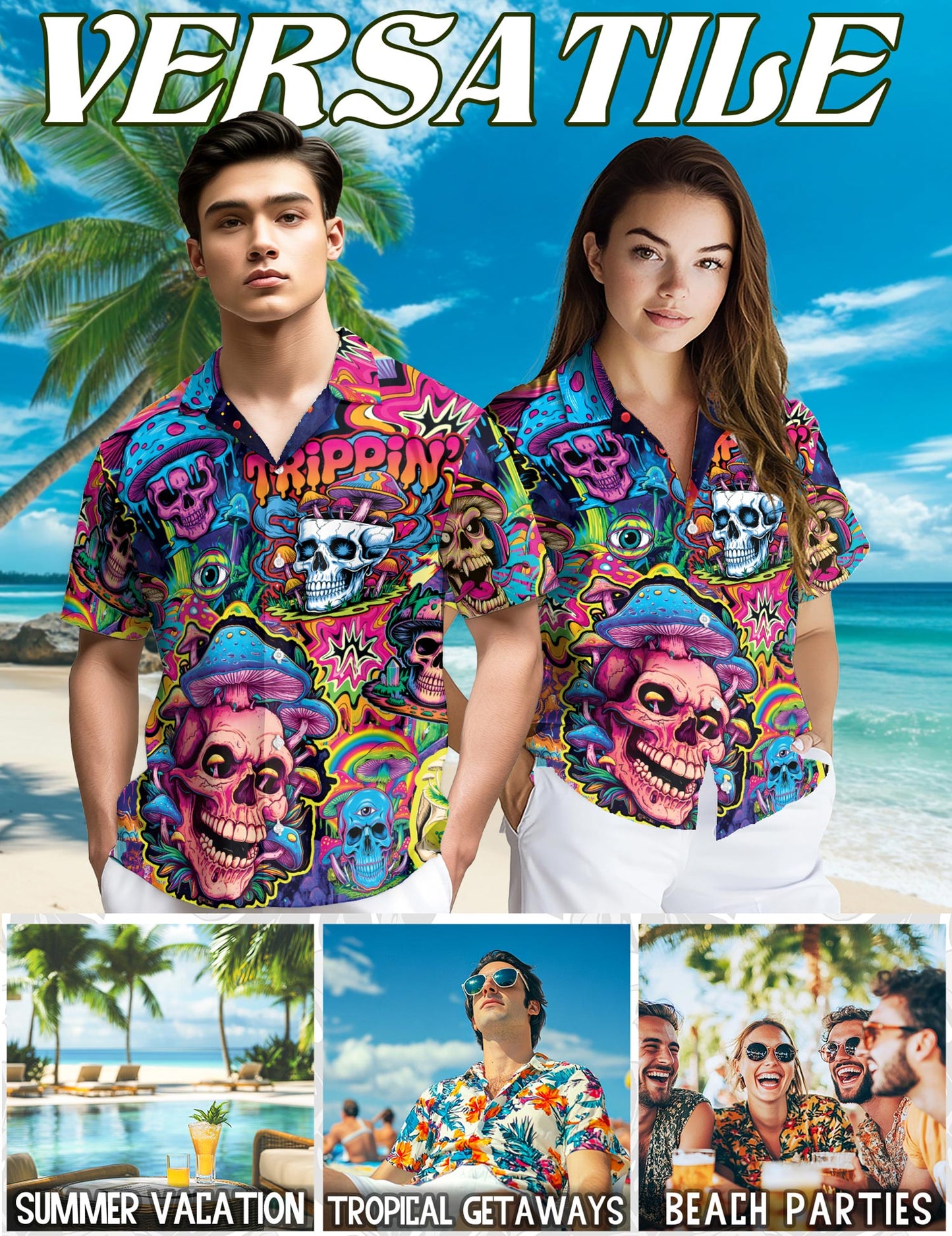 Netecom Mushroom Skull Trippy Hawaiian Shirt for Men, Mushroom Lover Gifts, Fungi Skull Button Down Summer Beach Shirts, S-5XL