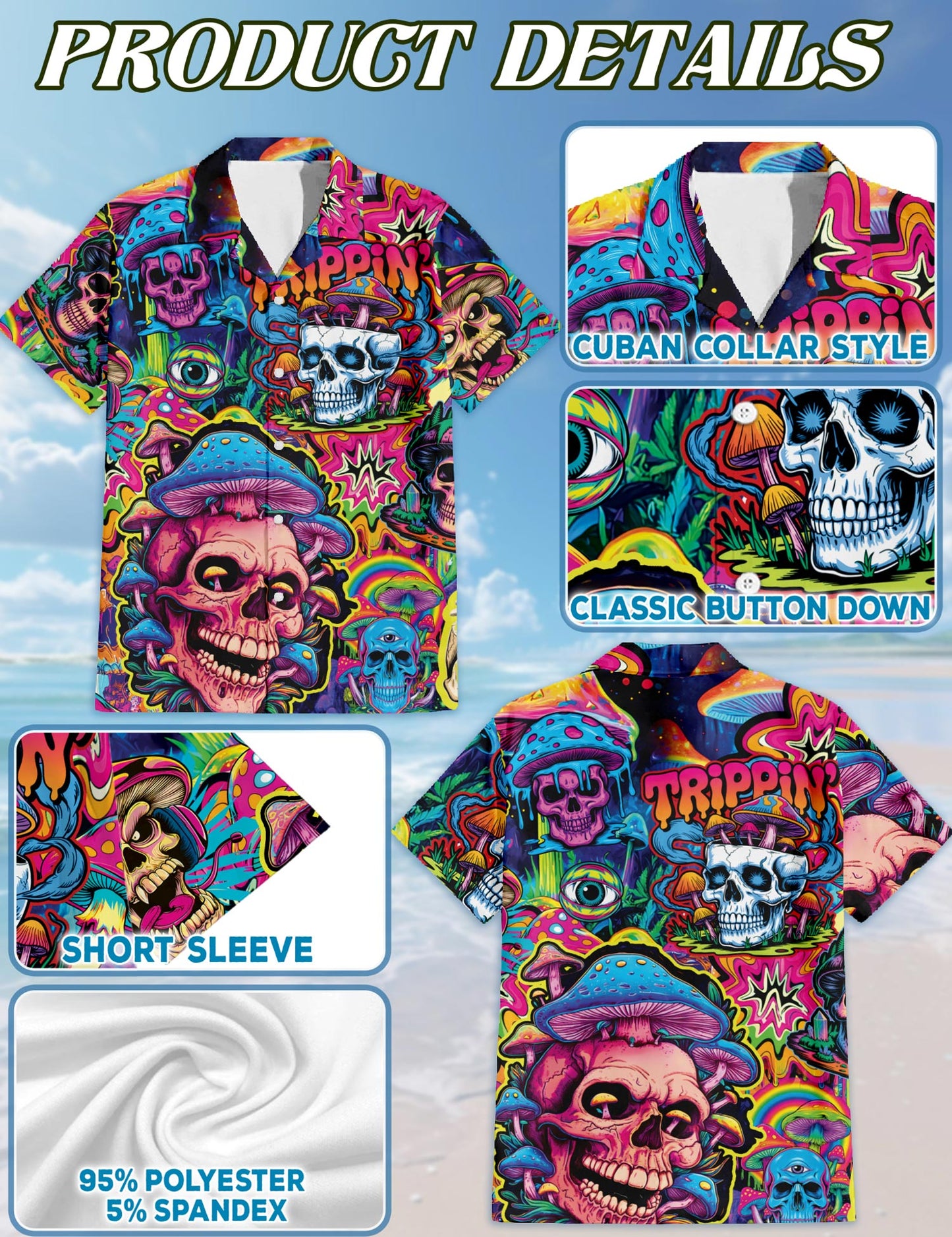 Netecom Mushroom Skull Trippy Hawaiian Shirt for Men, Mushroom Lover Gifts, Fungi Skull Button Down Summer Beach Shirts, S-5XL