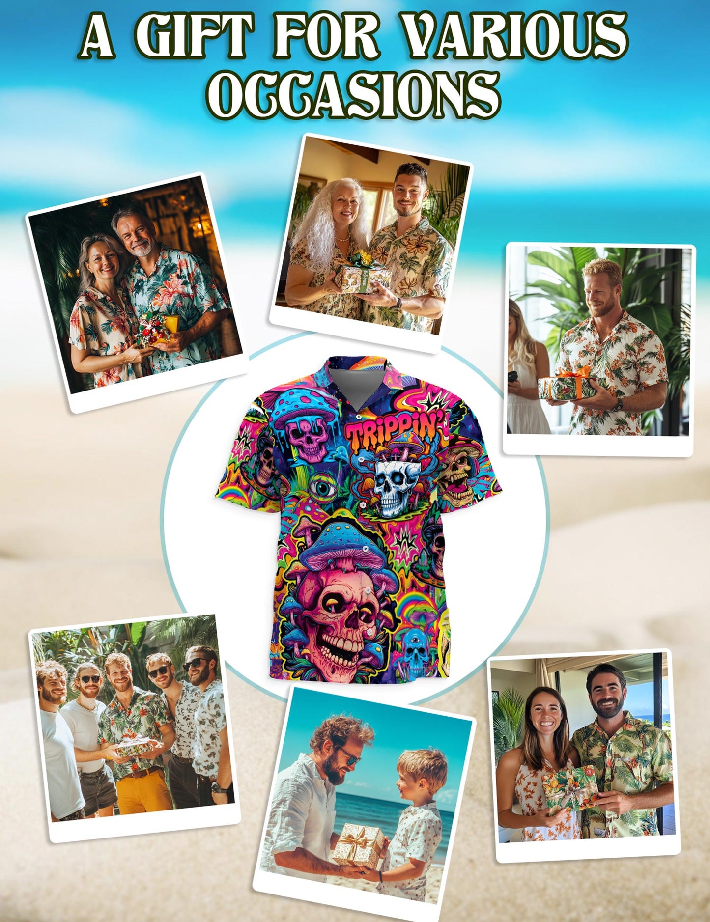 Netecom Mushroom Skull Trippy Hawaiian Shirt for Men, Mushroom Lover Gifts, Fungi Skull Button Down Summer Beach Shirts, S-5XL