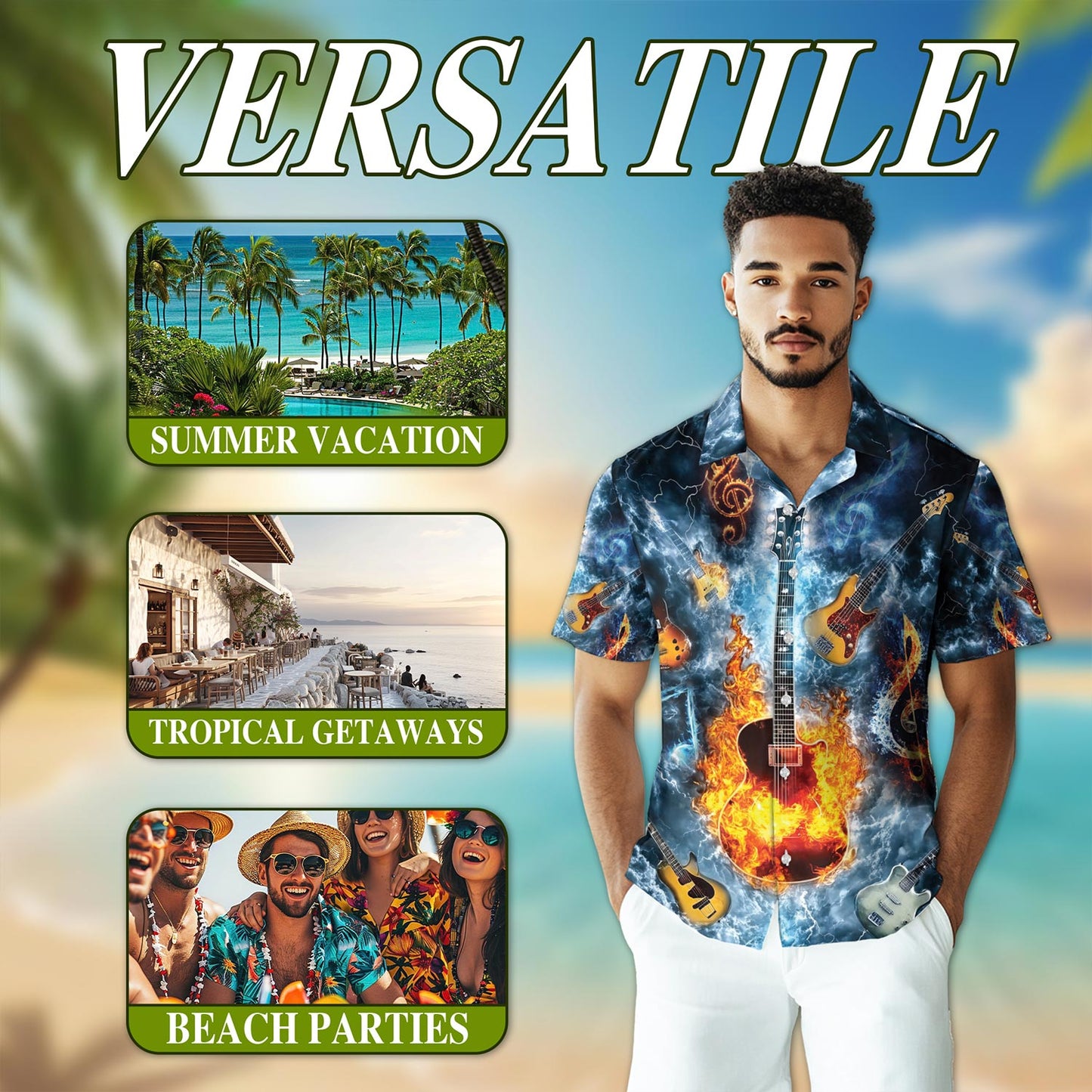Netecom Music The Guitar Hawaiian Shirt for Men, Music Lover Gift, Button Down Summer Beach Short Sleeve, S-5XL