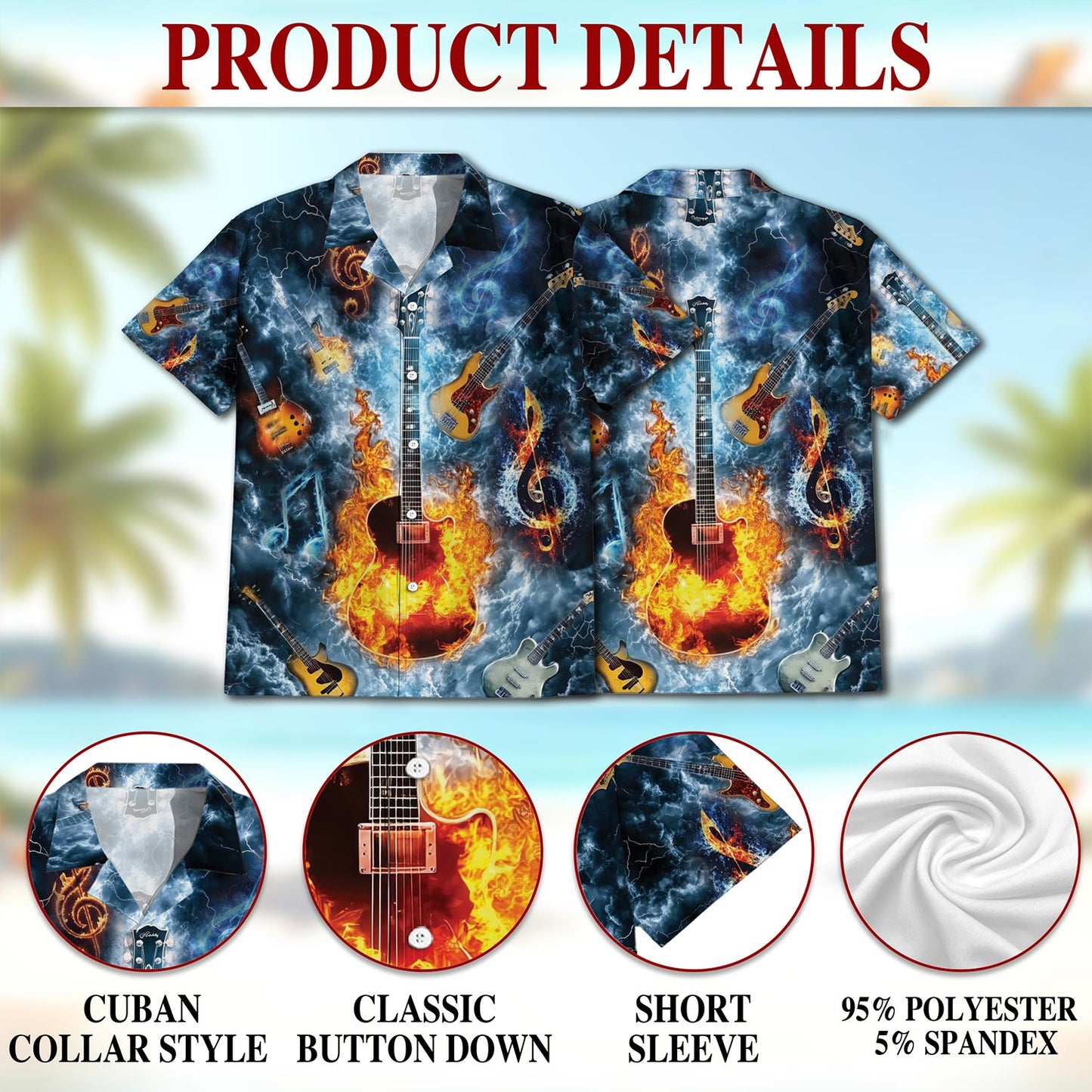 Netecom Music The Guitar Hawaiian Shirt for Men, Music Lover Gift, Button Down Summer Beach Short Sleeve, S-5XL