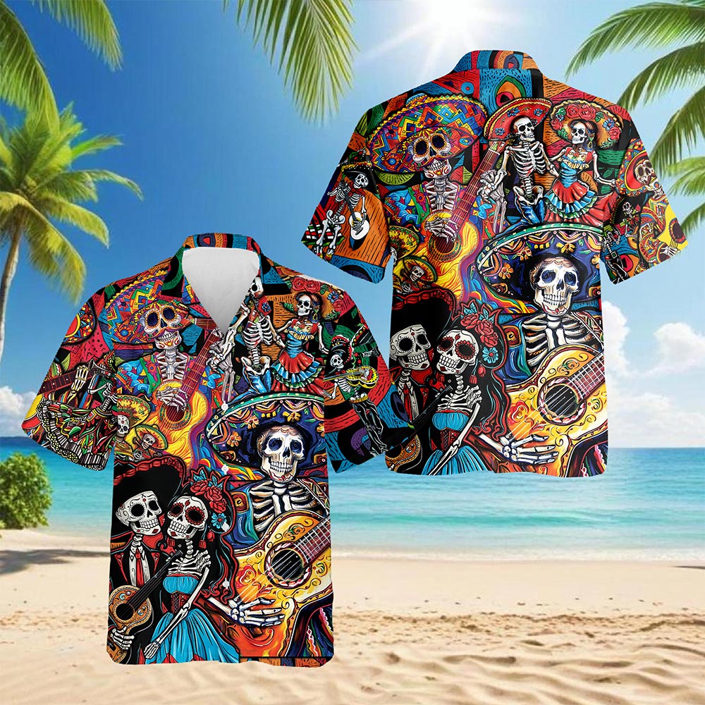 Netecom Musician Skull Hawaiian Shirt for Men, Music Lover Gifts, Playing Guitar Button Down Summer Aloha Beach Shirts, S-5XL
