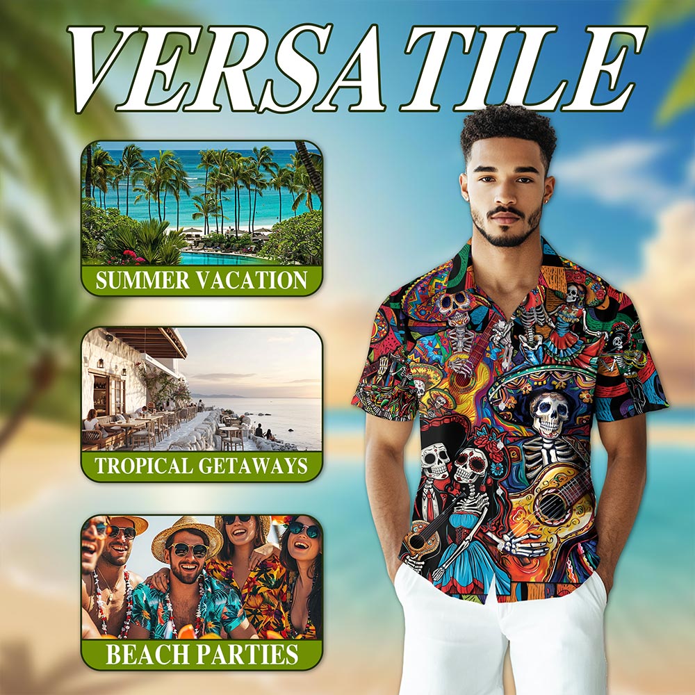 Netecom Musician Skull Hawaiian Shirt for Men, Music Lover Gifts, Playing Guitar Button Down Summer Aloha Beach Shirts, S-5XL