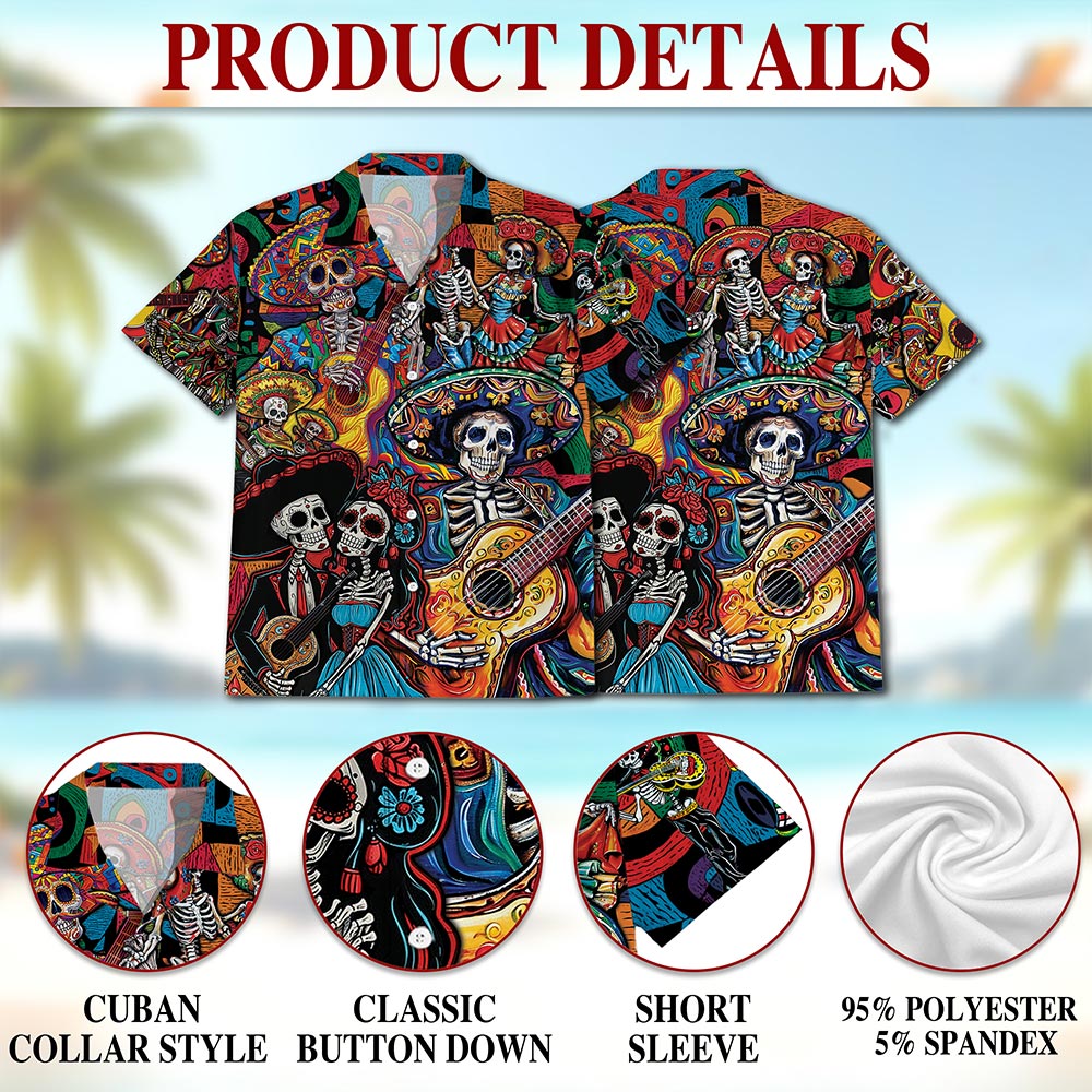 Netecom Musician Skull Hawaiian Shirt for Men, Music Lover Gifts, Playing Guitar Button Down Summer Aloha Beach Shirts, S-5XL