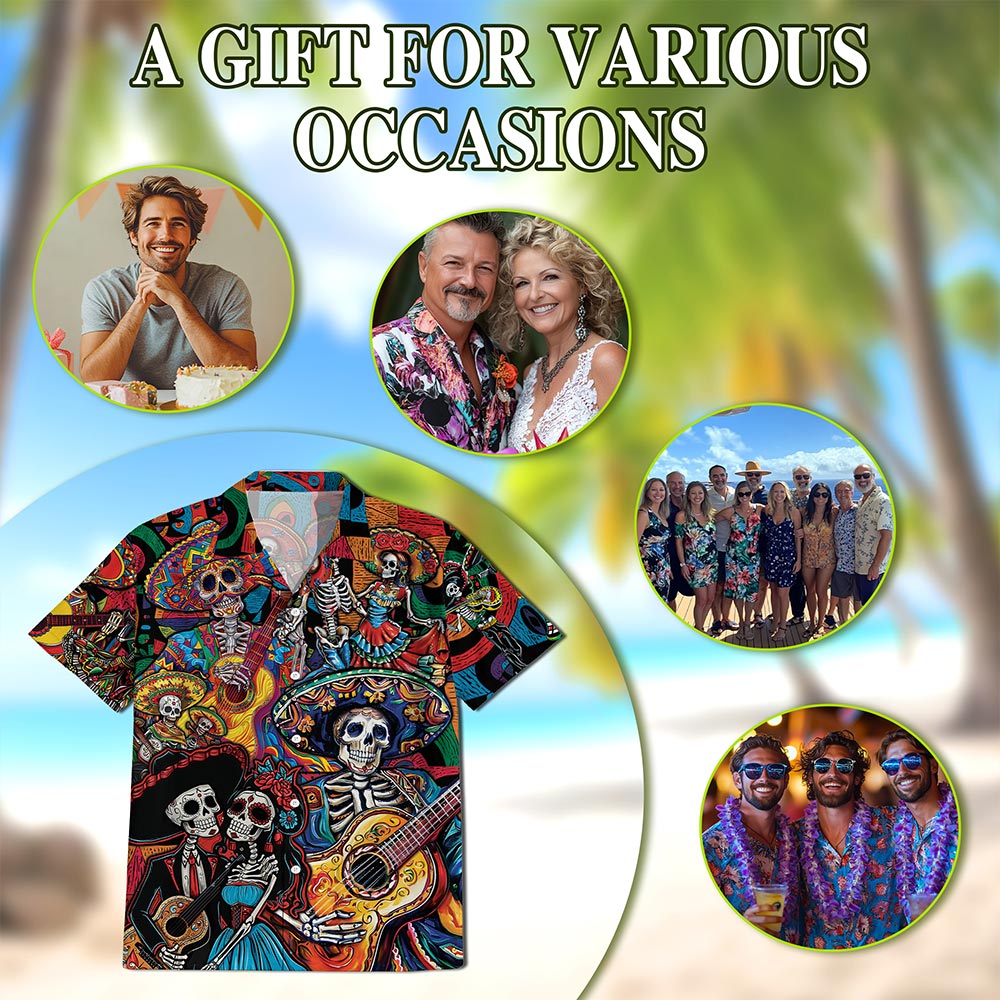 Netecom Musician Skull Hawaiian Shirt for Men, Music Lover Gifts, Playing Guitar Button Down Summer Aloha Beach Shirts, S-5XL