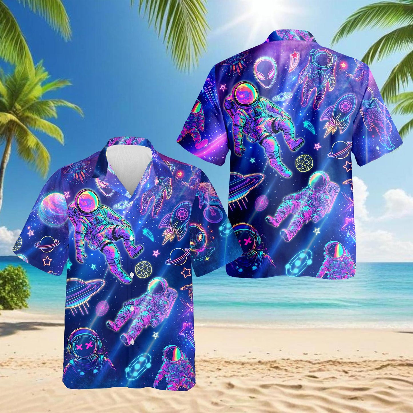 Netecom Neon Astronauts Planets Hawaiian Shirt for Men, Astronaut Science Space Button Down Summer Beach Short Sleeve, S-5XL
