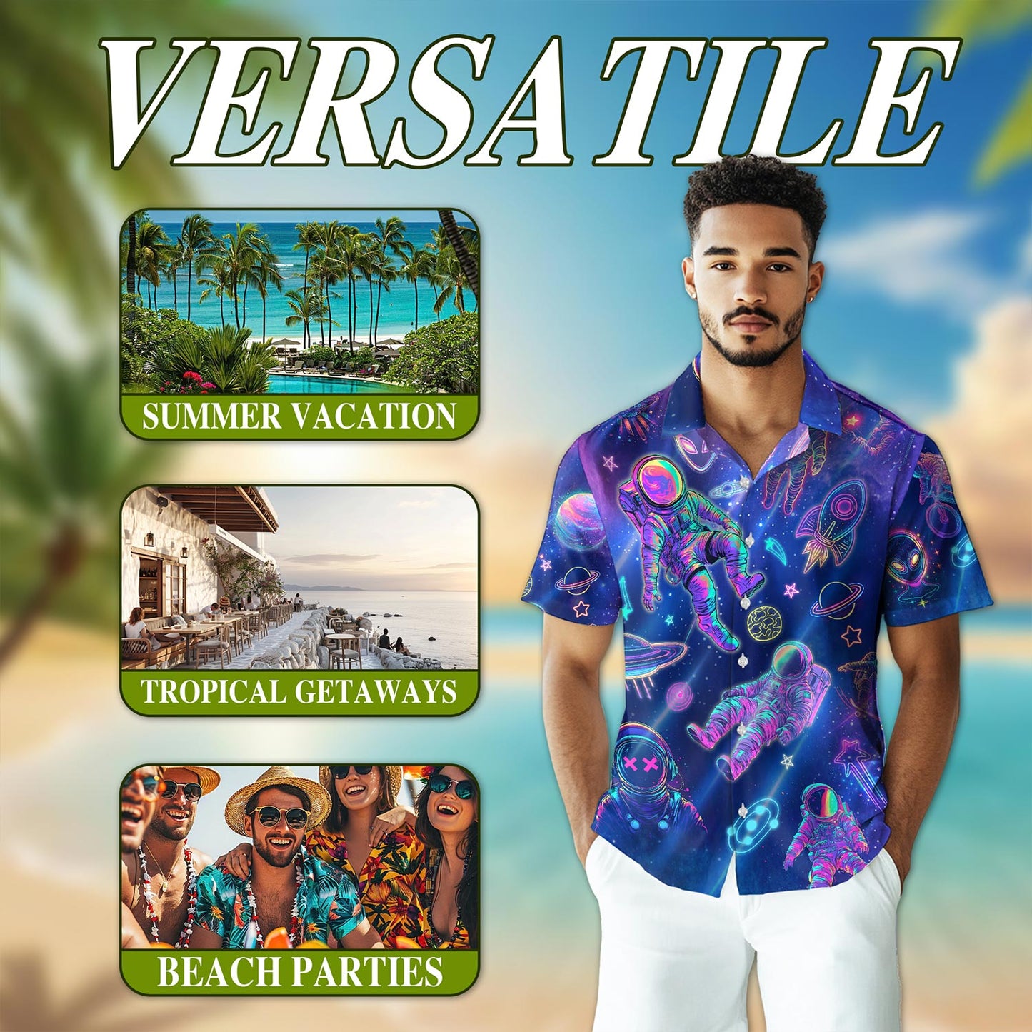 Netecom Neon Astronauts Planets Hawaiian Shirt for Men, Astronaut Science Space Button Down Summer Beach Short Sleeve, S-5XL