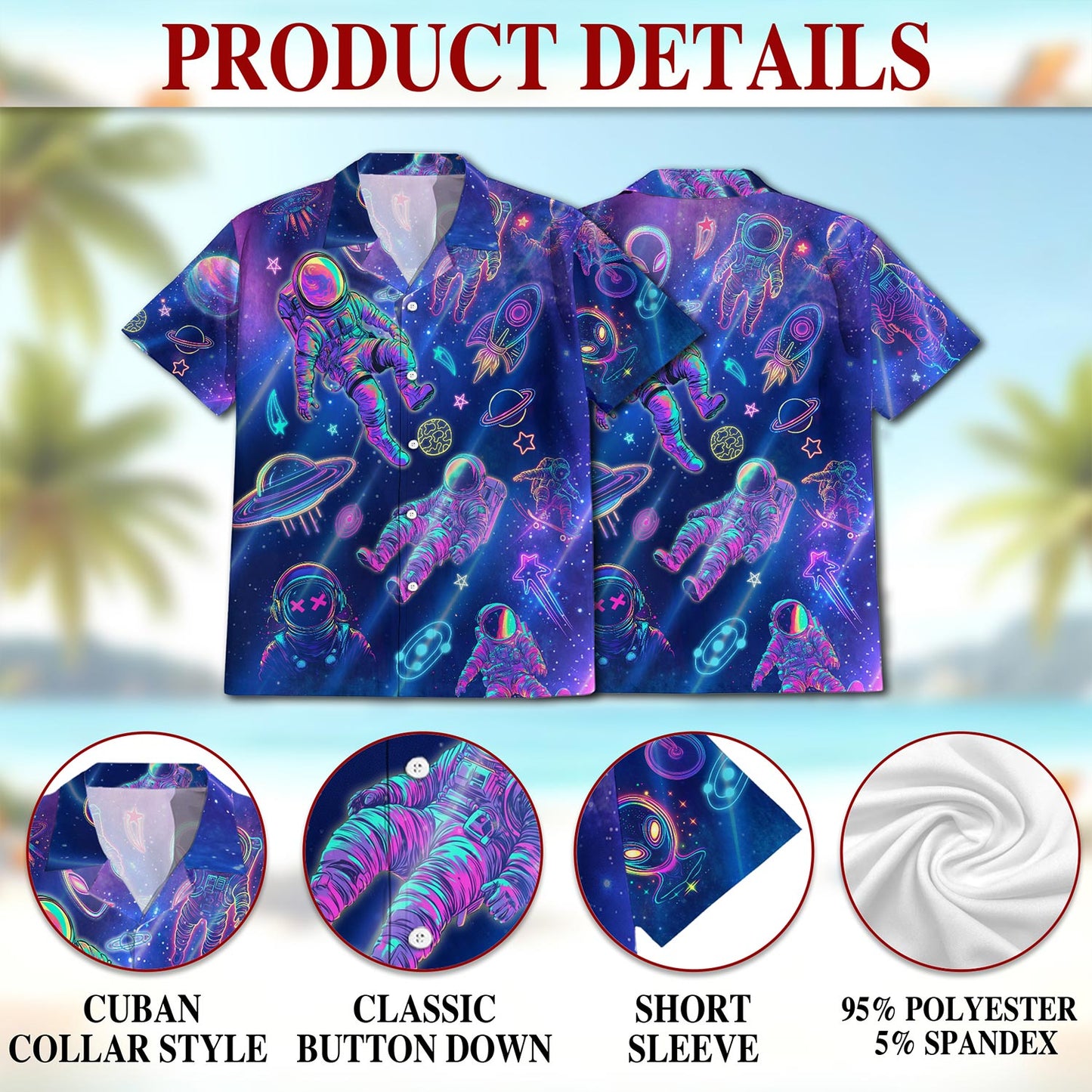 Netecom Neon Astronauts Planets Hawaiian Shirt for Men, Astronaut Science Space Button Down Summer Beach Short Sleeve, S-5XL
