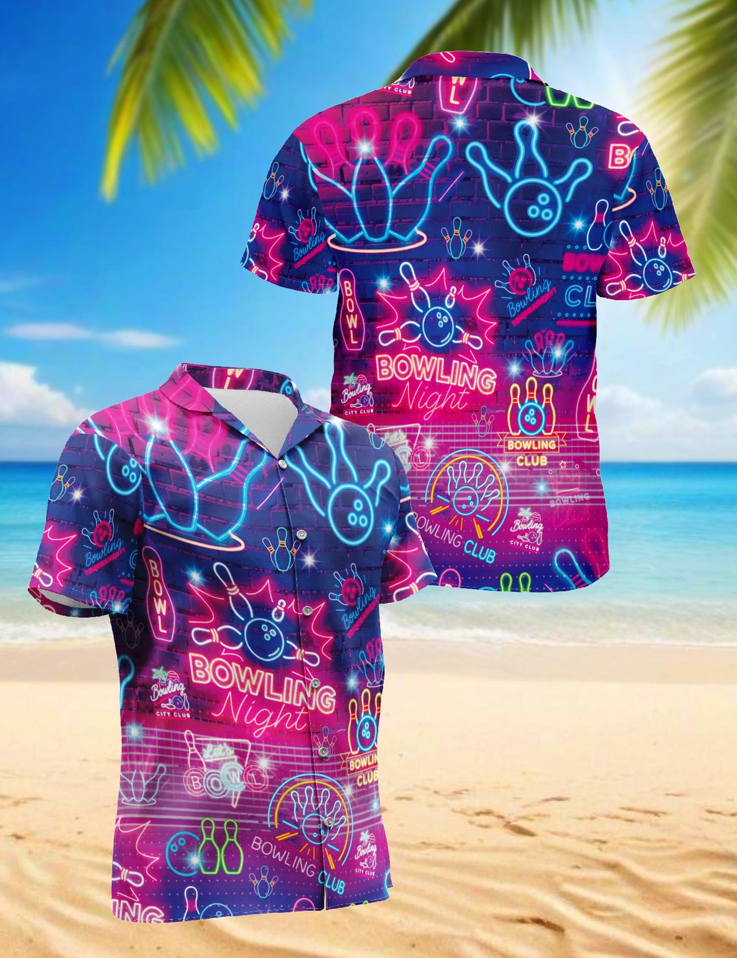 Netecom Neon Bowling Club Hawaiian Shirt for Men, Bowler Lover Gift, Sport Button Down Summer Beach Short Sleeve Shirts, S-5XL
