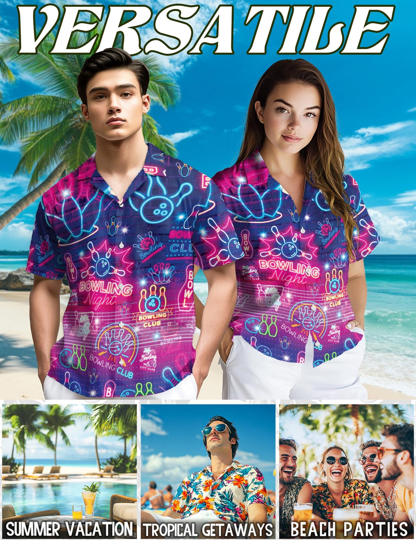 Netecom Neon Bowling Club Hawaiian Shirt for Men, Bowler Lover Gift, Sport Button Down Summer Beach Short Sleeve Shirts, S-5XL