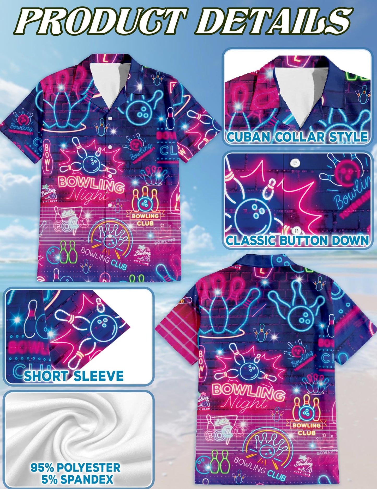 Netecom Neon Bowling Club Hawaiian Shirt for Men, Bowler Lover Gift, Sport Button Down Summer Beach Short Sleeve Shirts, S-5XL