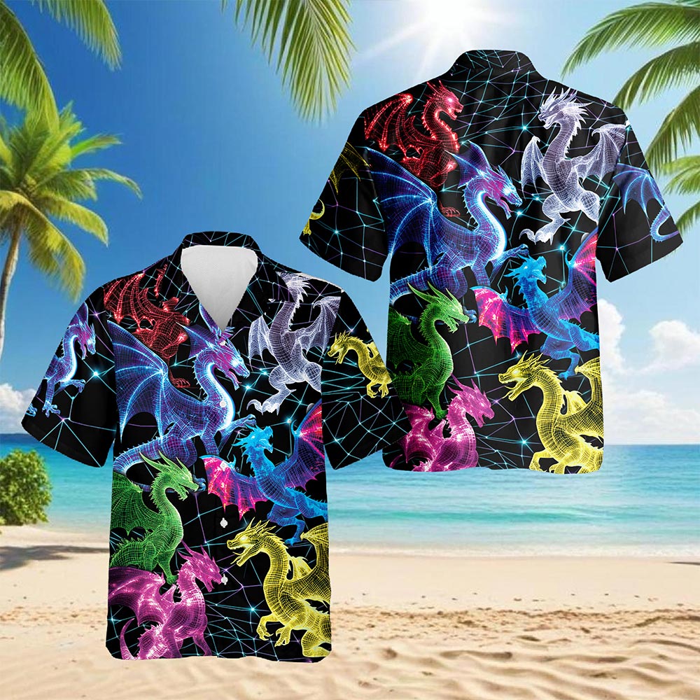 Netecom Neon Dragon Hawaiian Shirt for Men, Button Down Summer Beach Short Sleeve, S-5XL