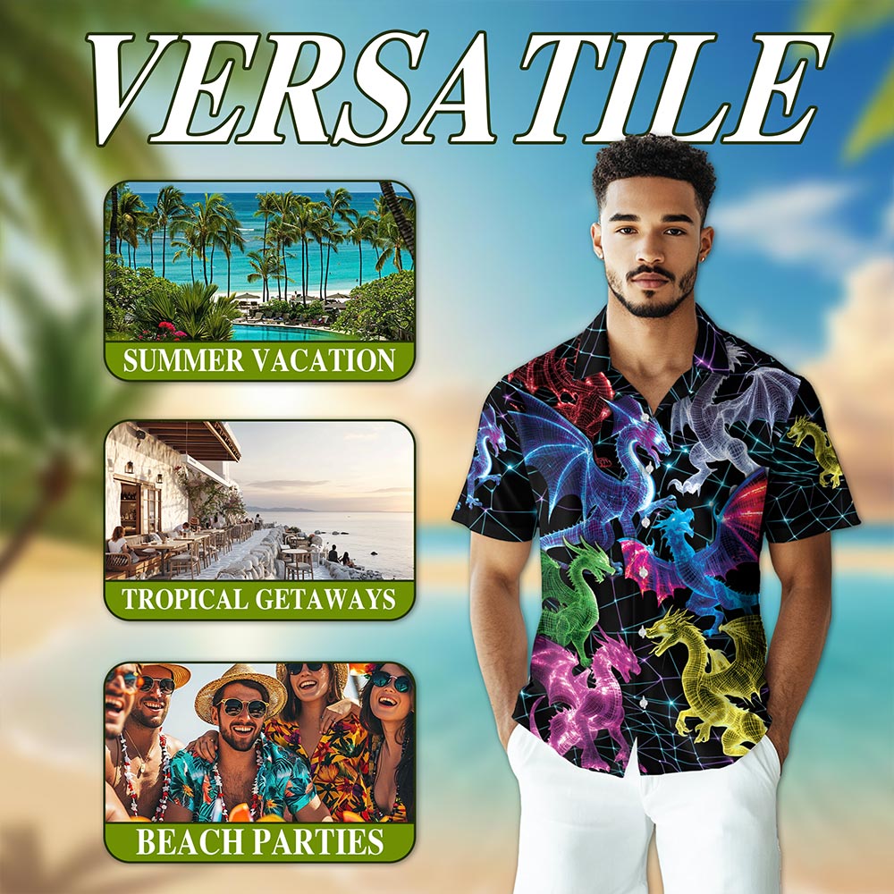 Netecom Neon Dragon Hawaiian Shirt for Men, Button Down Summer Beach Short Sleeve, S-5XL