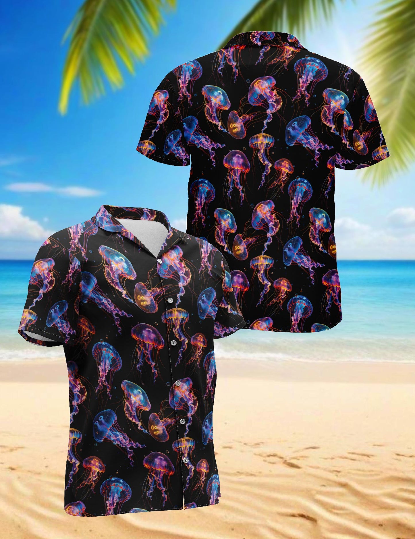 Netecom Neon Jellyfish Hawaiian Shirt for Men, Ocean Style, Button Down Summer Beach Short Sleeve, Sizes S-5XL