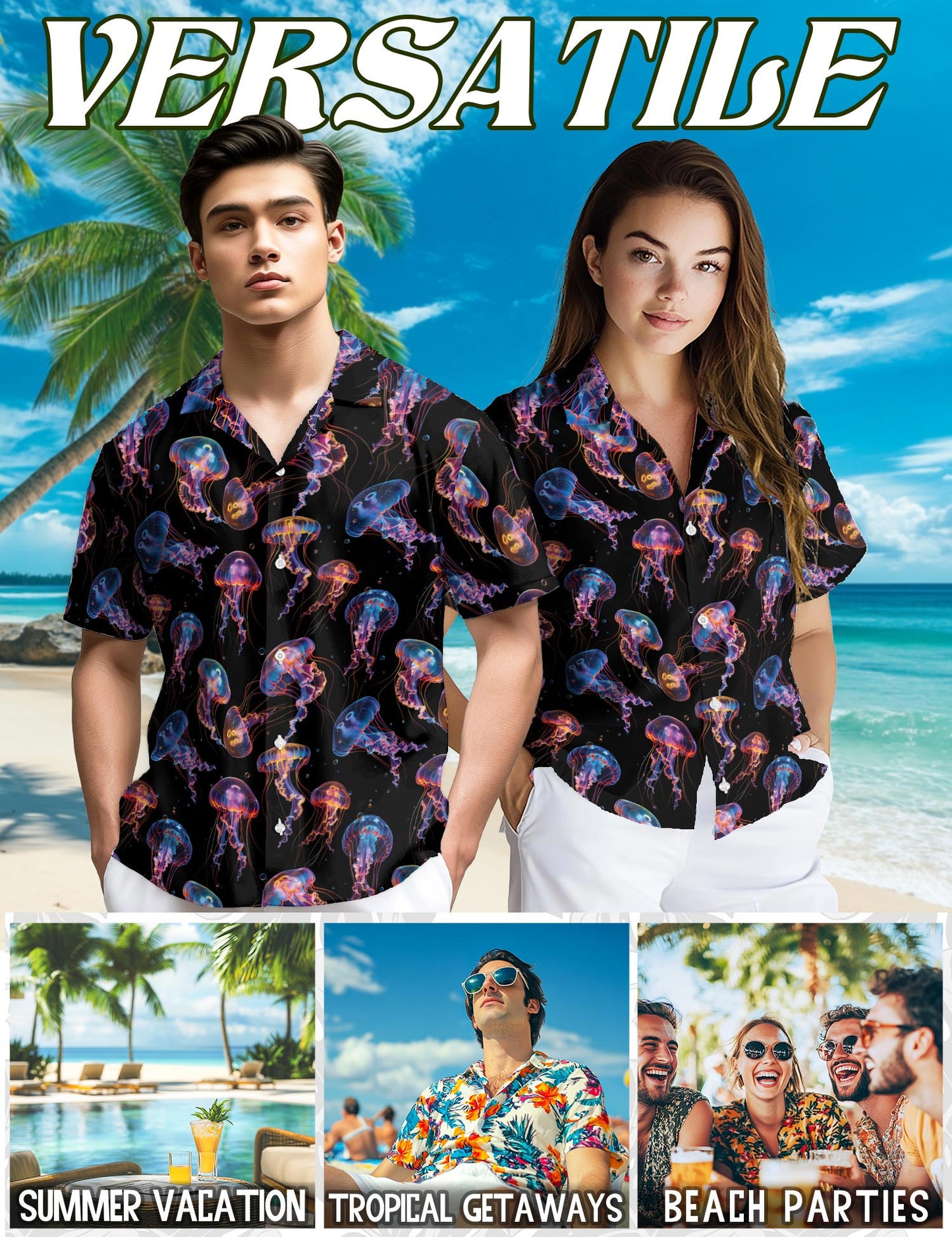 Netecom Neon Jellyfish Hawaiian Shirt for Men, Ocean Style, Button Down Summer Beach Short Sleeve, Sizes S-5XL