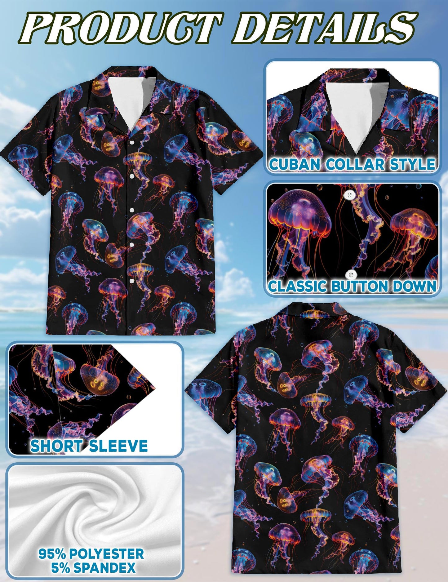 Netecom Neon Jellyfish Hawaiian Shirt for Men, Ocean Style, Button Down Summer Beach Short Sleeve, Sizes S-5XL